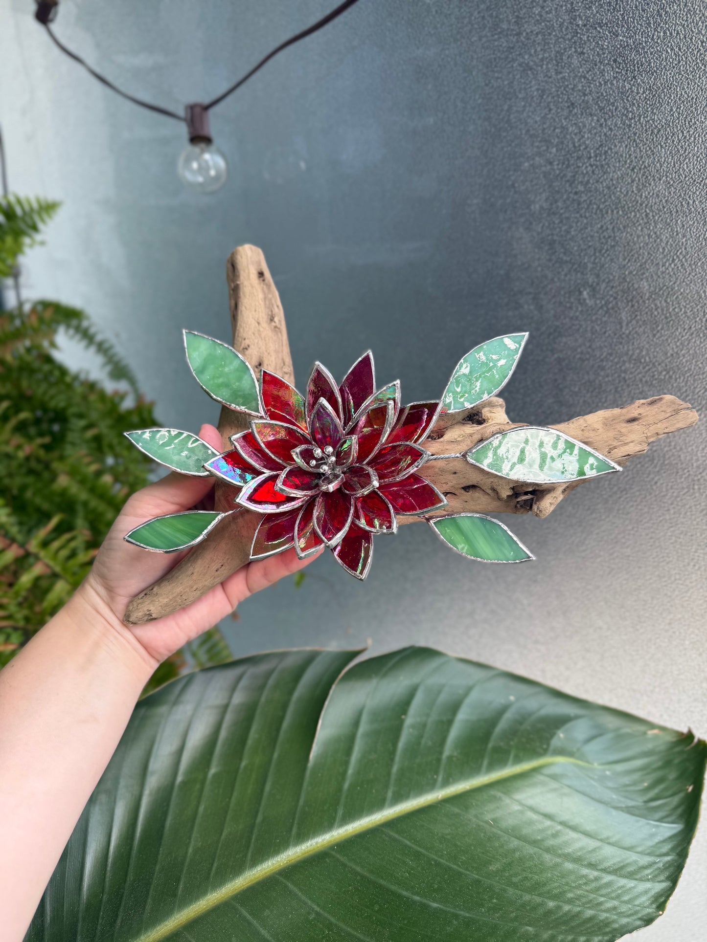 .Fire Flower Iridescent " Stained Glass Driftwood Wall Decor Suncatcher