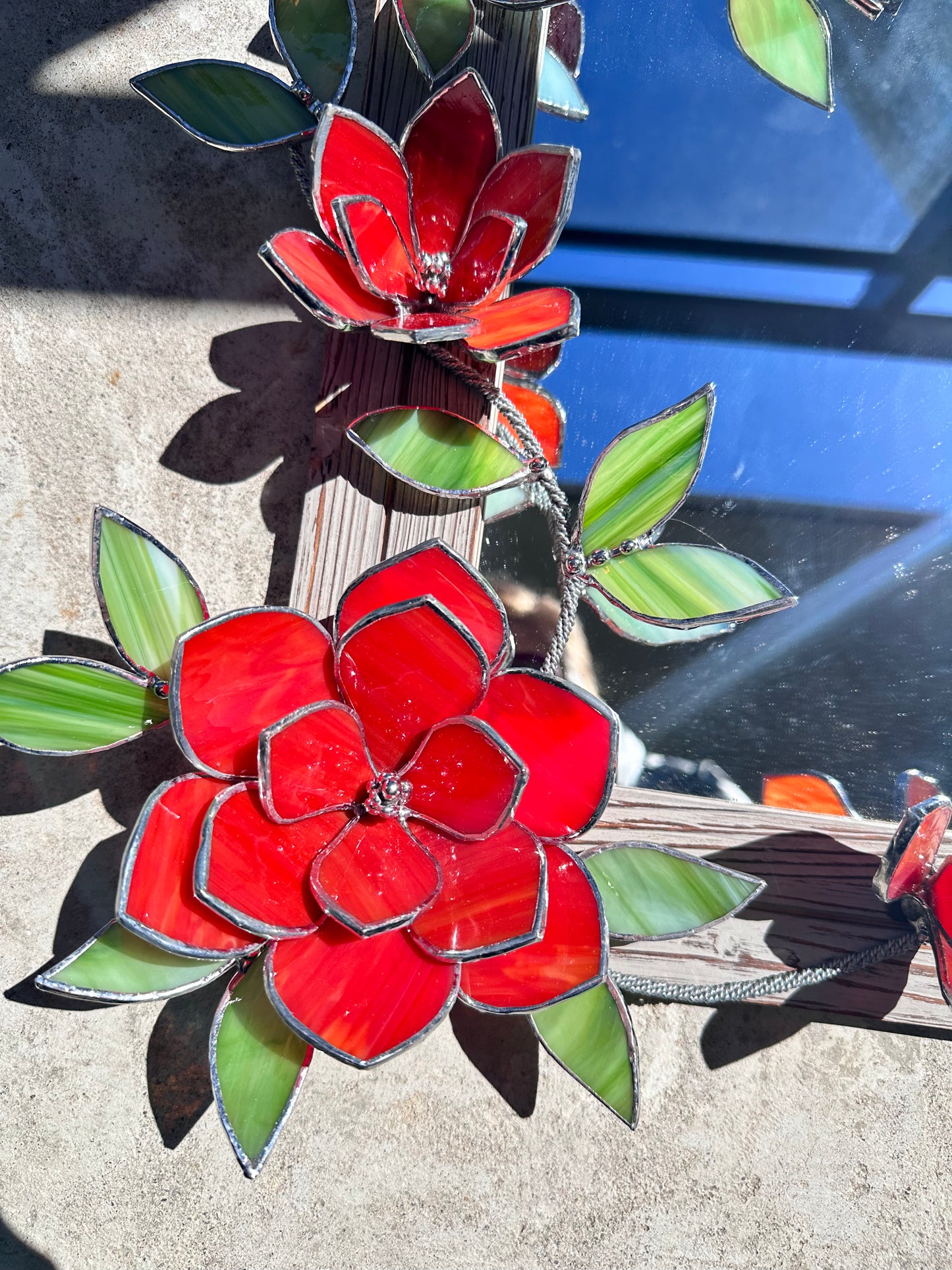 " . Flower Mirror Ruby Red Magnolia, Stained glass Wedding Wall Decor, Christmas gift, Suncatcher