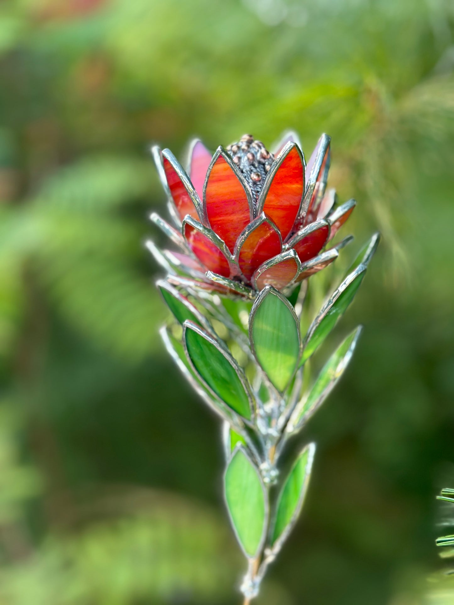 " . Amber&Red irid Protea Stained glass flower in the pot, tropical 3D Sun catcher, Table plant decor, wedding gift