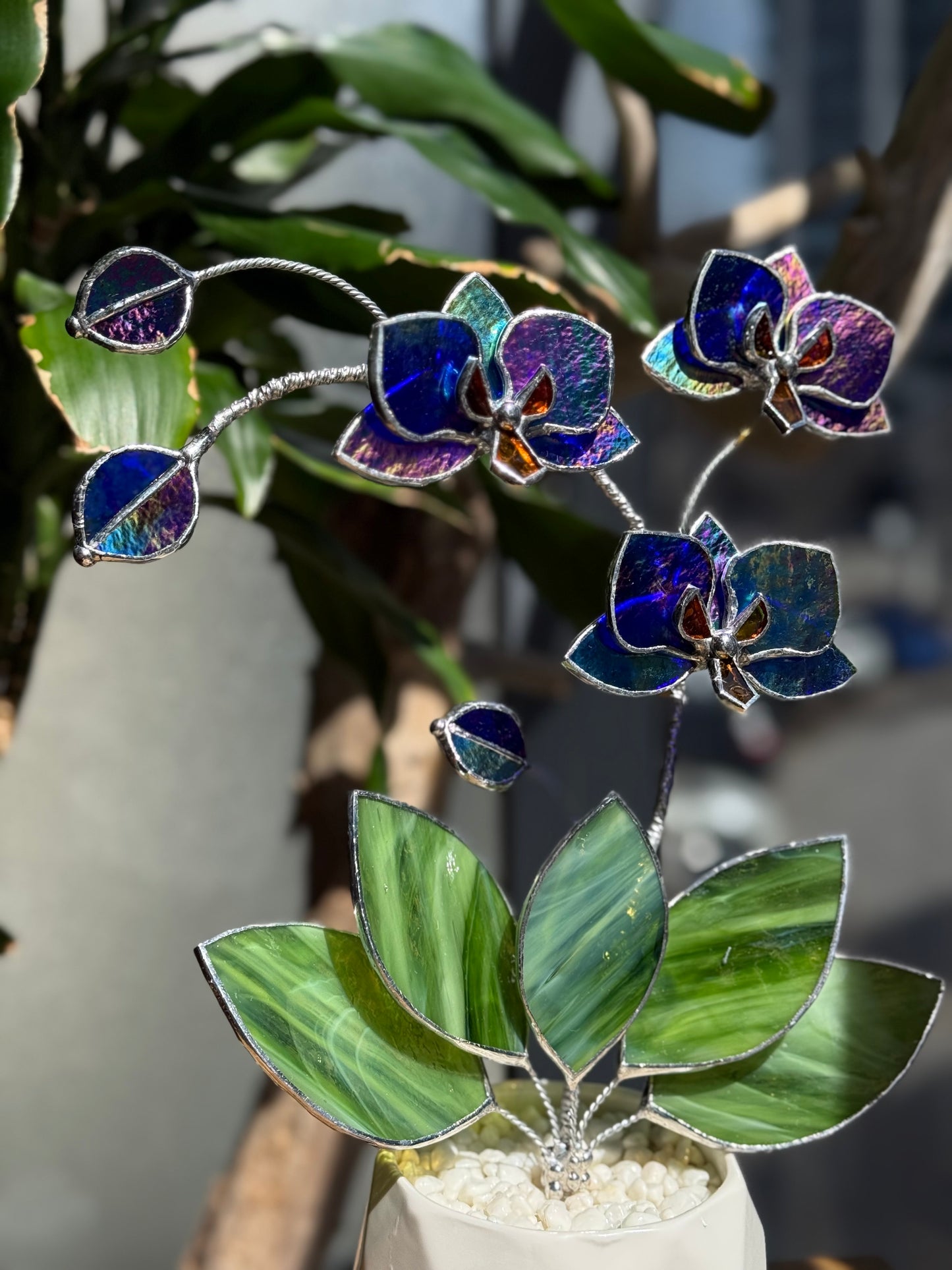 " . Indigo iridescent Orchid 3 flowers with pot” Stained glass tropical flower 3D, Sun catcher, Table plant, Garden stick, Outdoor and gardening decor