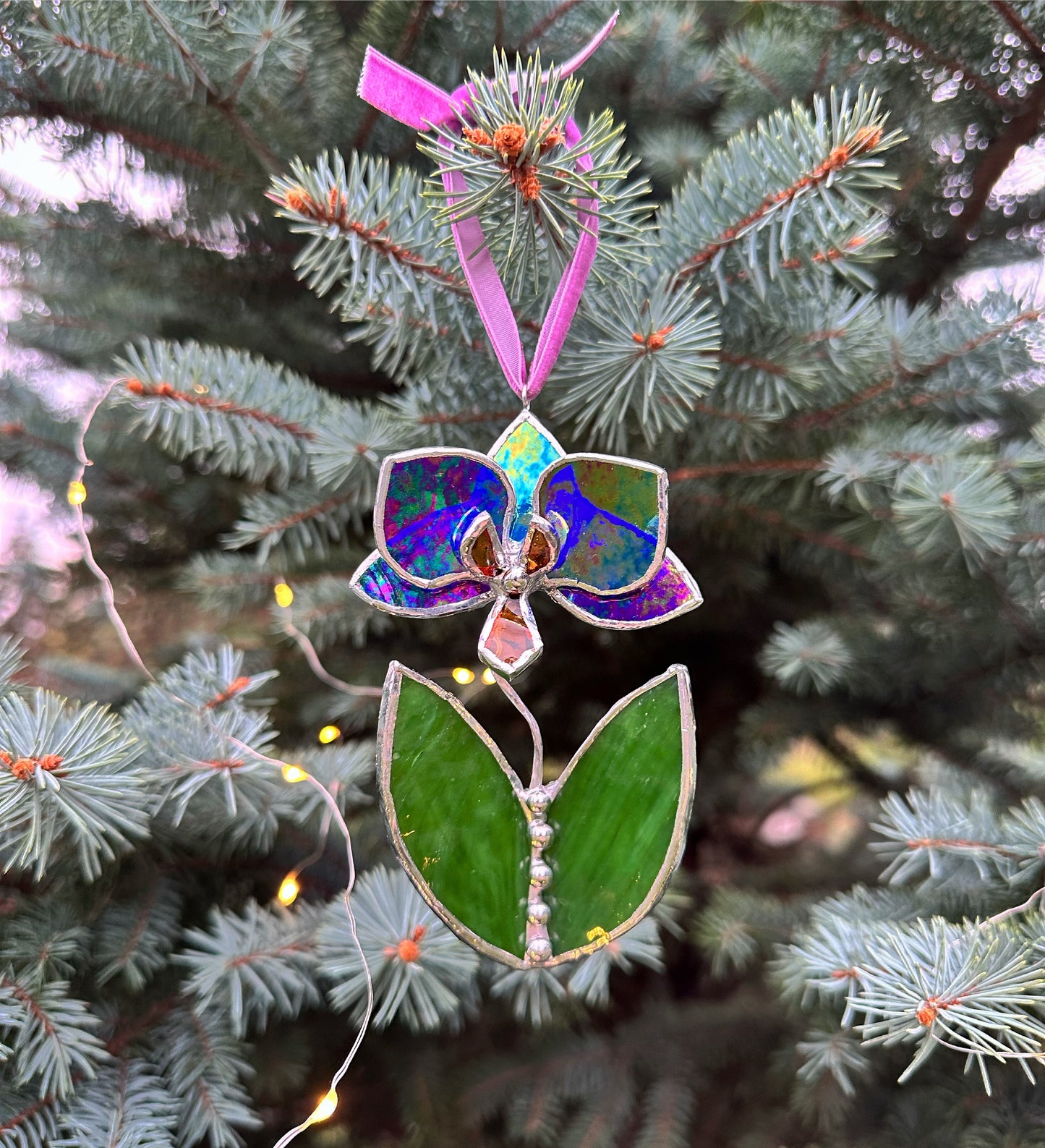 Christmas tree ornaments Orchid with leafs. Mix of 3, 5. Wall window decor, Stained glass Holiday decorations lights