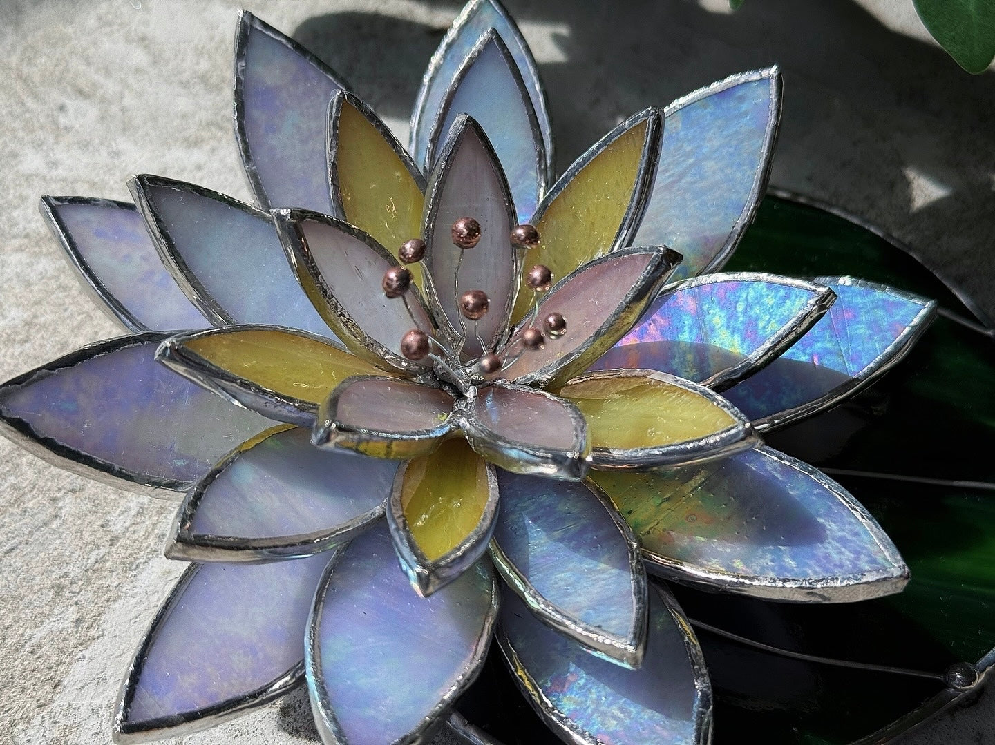 " . Lavender iridescent Water Lily with leaf" Stained glass table decor, suncatcher, succulents