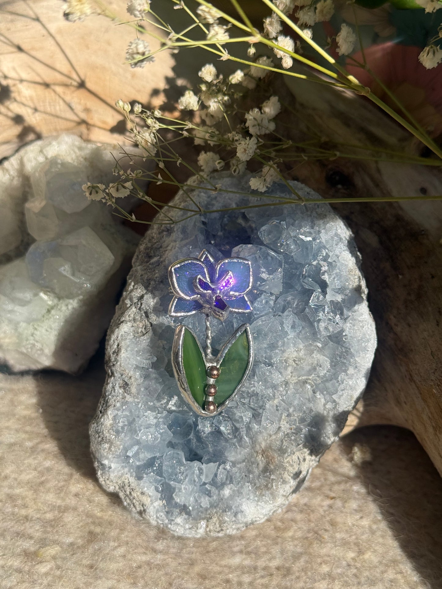 Brooch Orchid Blue Lavender irid Stained glass flower 3D art jewelry new