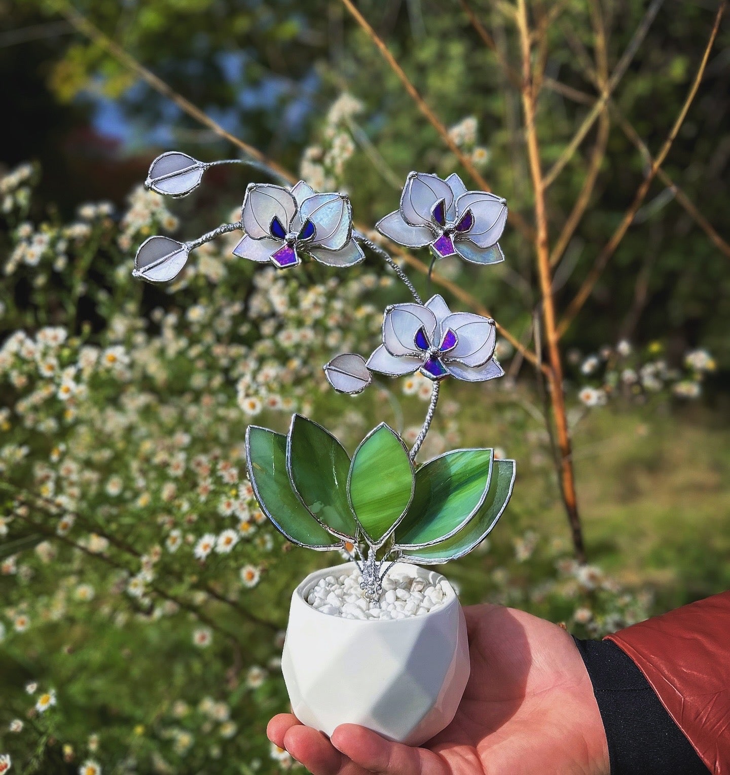 " . Orchid Pearl white iridescent, 3 flowers with pot” Stained glass tropical flower 3D, Sun catcher, Table plant decor, Garden stick, Outdoor and gardening decor