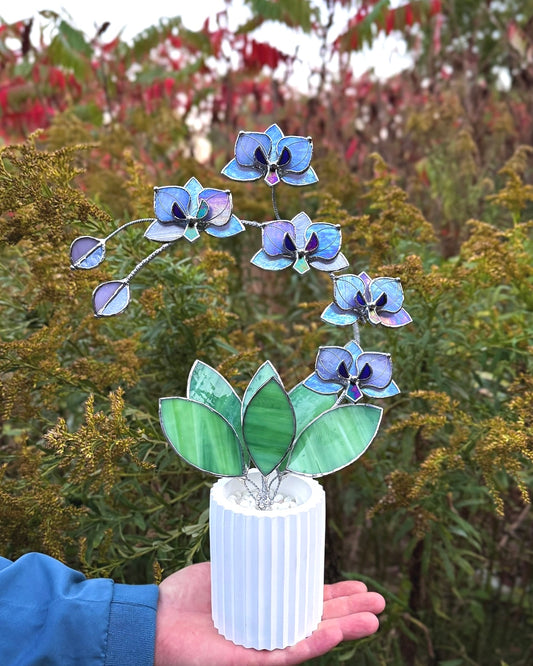 " .  Lavender iridescent Orchid 5 flowers with pot" Stained glass tropical flower 3D, Sun catcher, Table plant