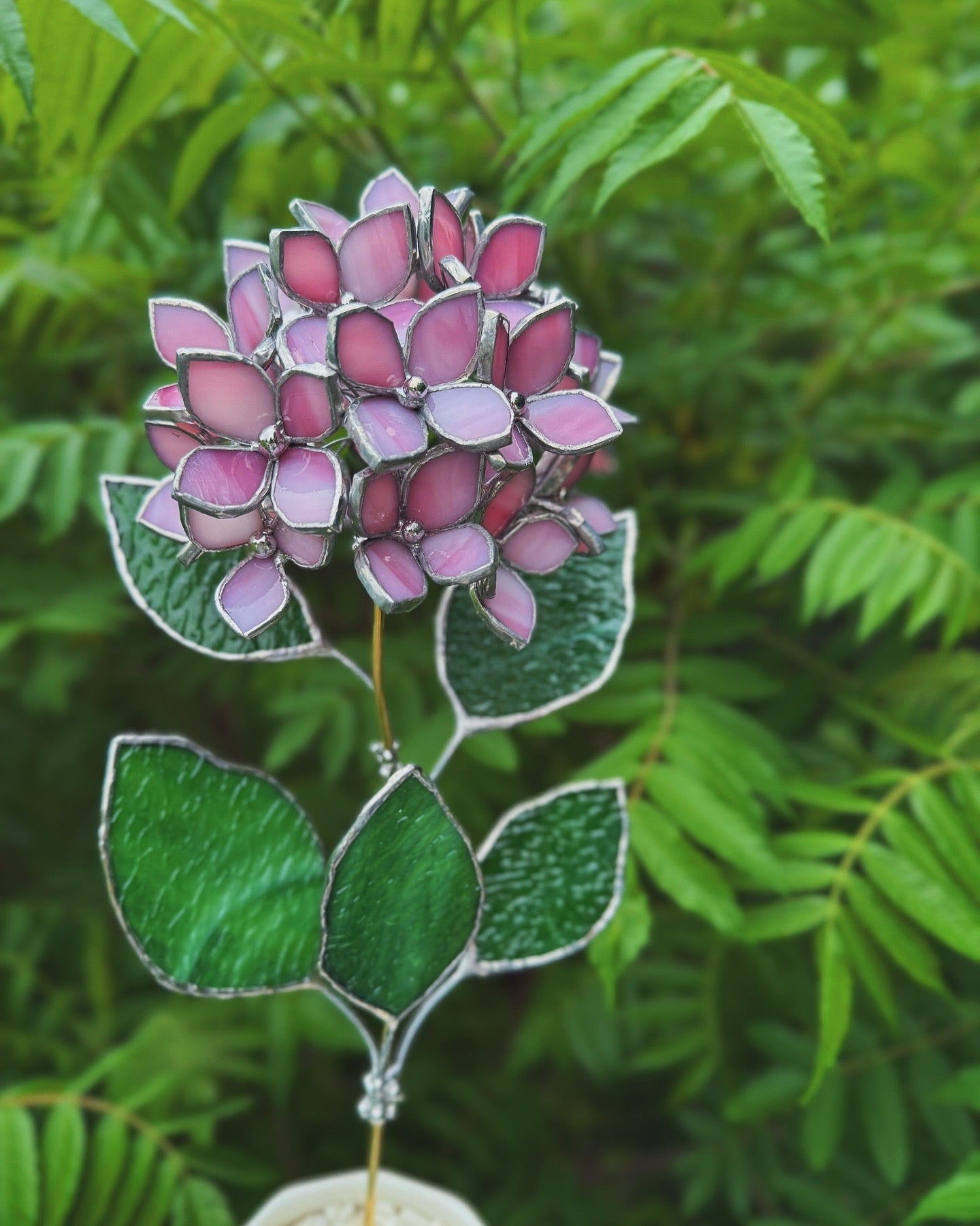 " .  CHOOSE COLOR Hydrangea with pot”, Stained glass tropical flower 3D, Sun catcher, Table plant, Garden stick, Outdoor and gardening decor