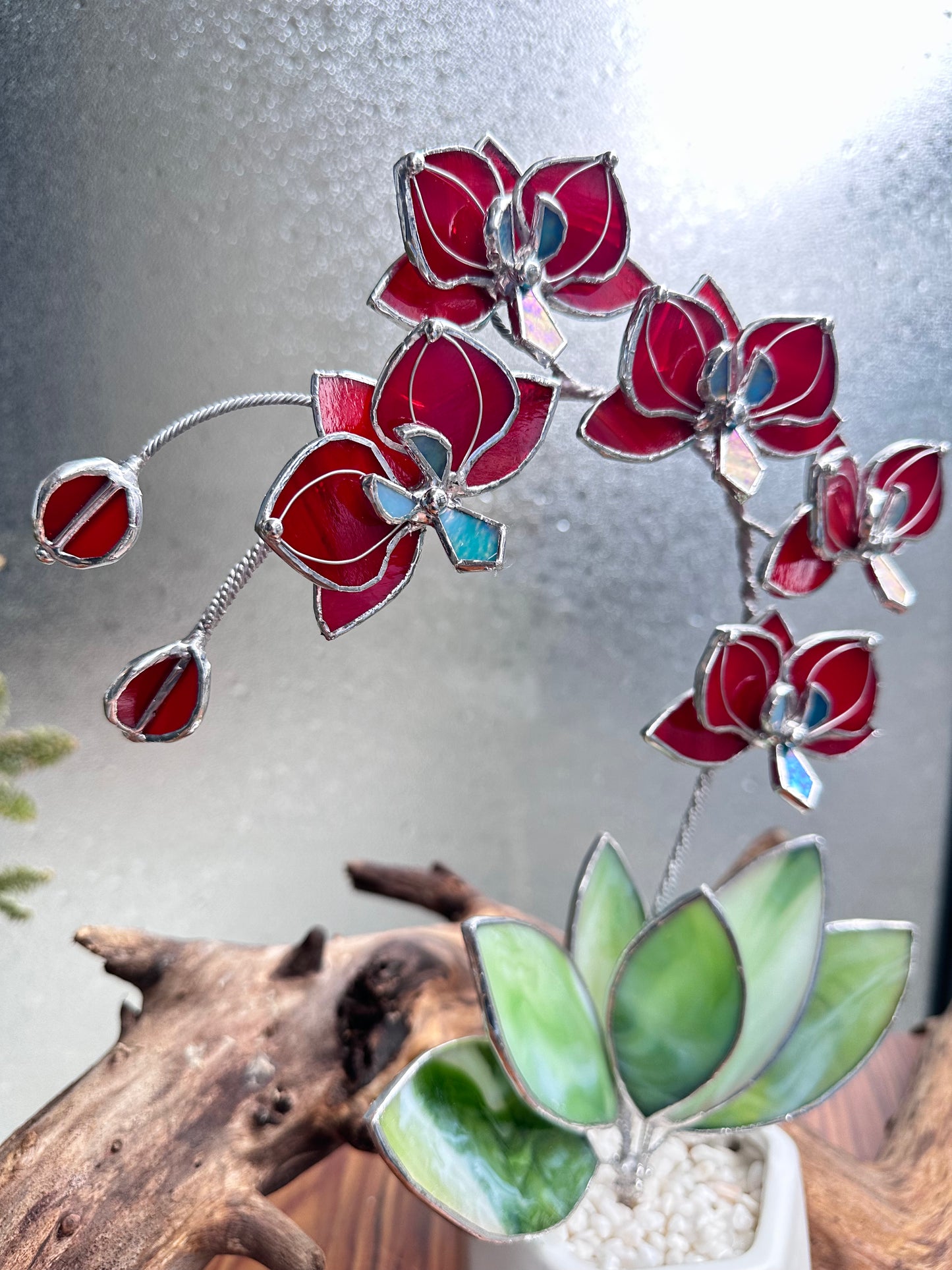 ". Stained glass Orchid Ruby Red with pot, 5 flowers, Suncatcher 3D, plant, Wedding Christmas Gift Outdoor and gardening decor