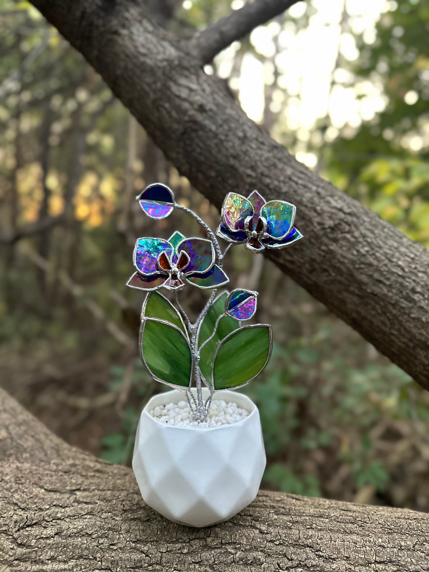 " . Amethyst Indigo iridescent Orchid 2 flowers with pot” Stained glass tropical flower 3D, Sun catcher, Table plant decor, Garden stick, Outdoor and gardening decor