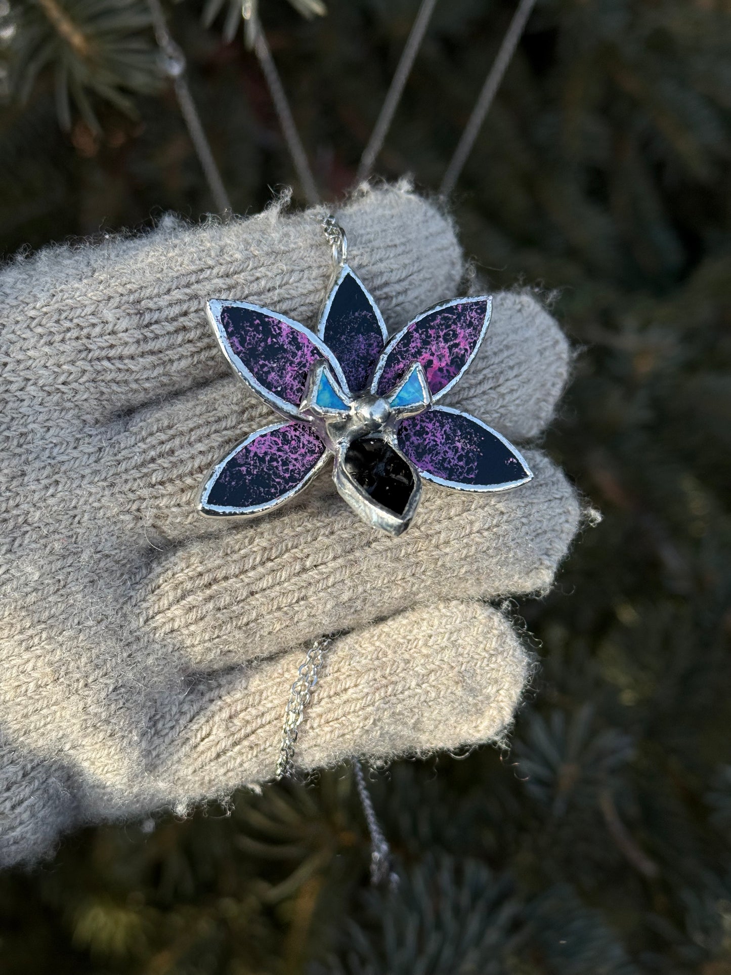 " . Preorder Necklace Tropical Orchid Black tiger” Stained glass tropical flower 3D, art jewelry