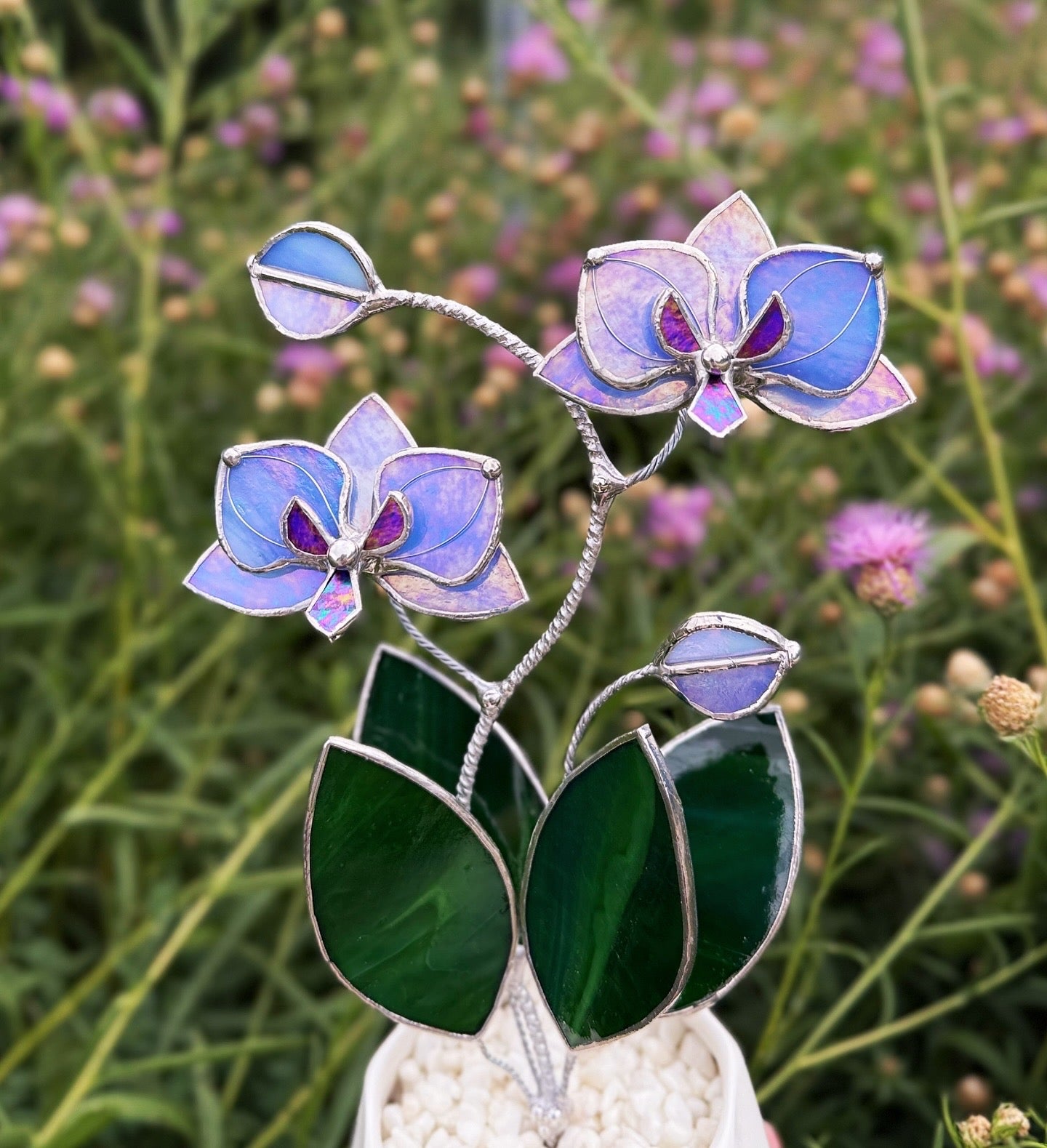 " . Blue Lavender Orchid, 2 flowers with pot” Stained glass tropical flower 3D, Suncatcher, Table plant decor