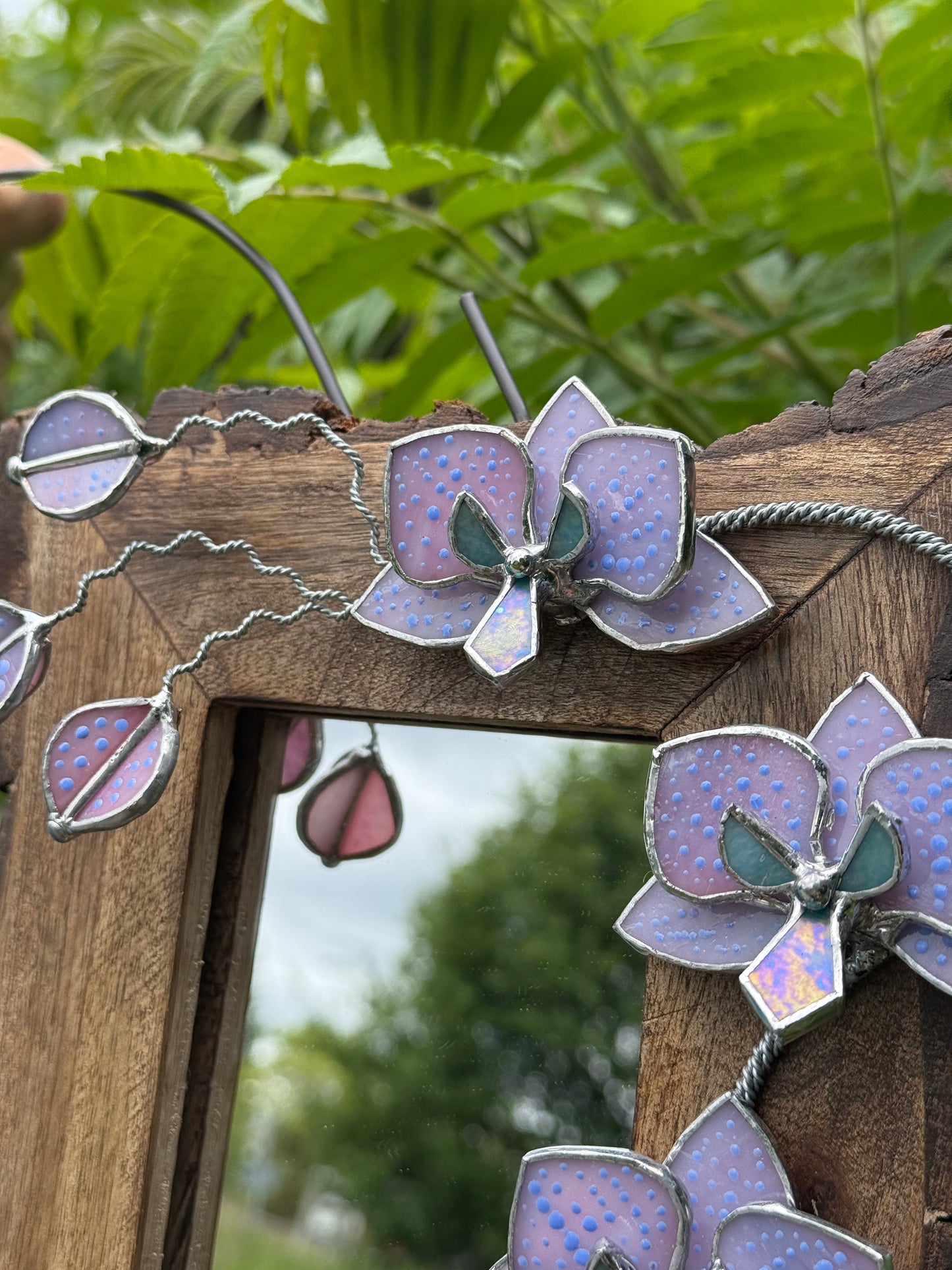 " . Dusty Pink with pattern Orchid Mirror”, Stained glass flower Wall window table decor, Suncatcher, Home wedding Decor, Christmas gift, available sale