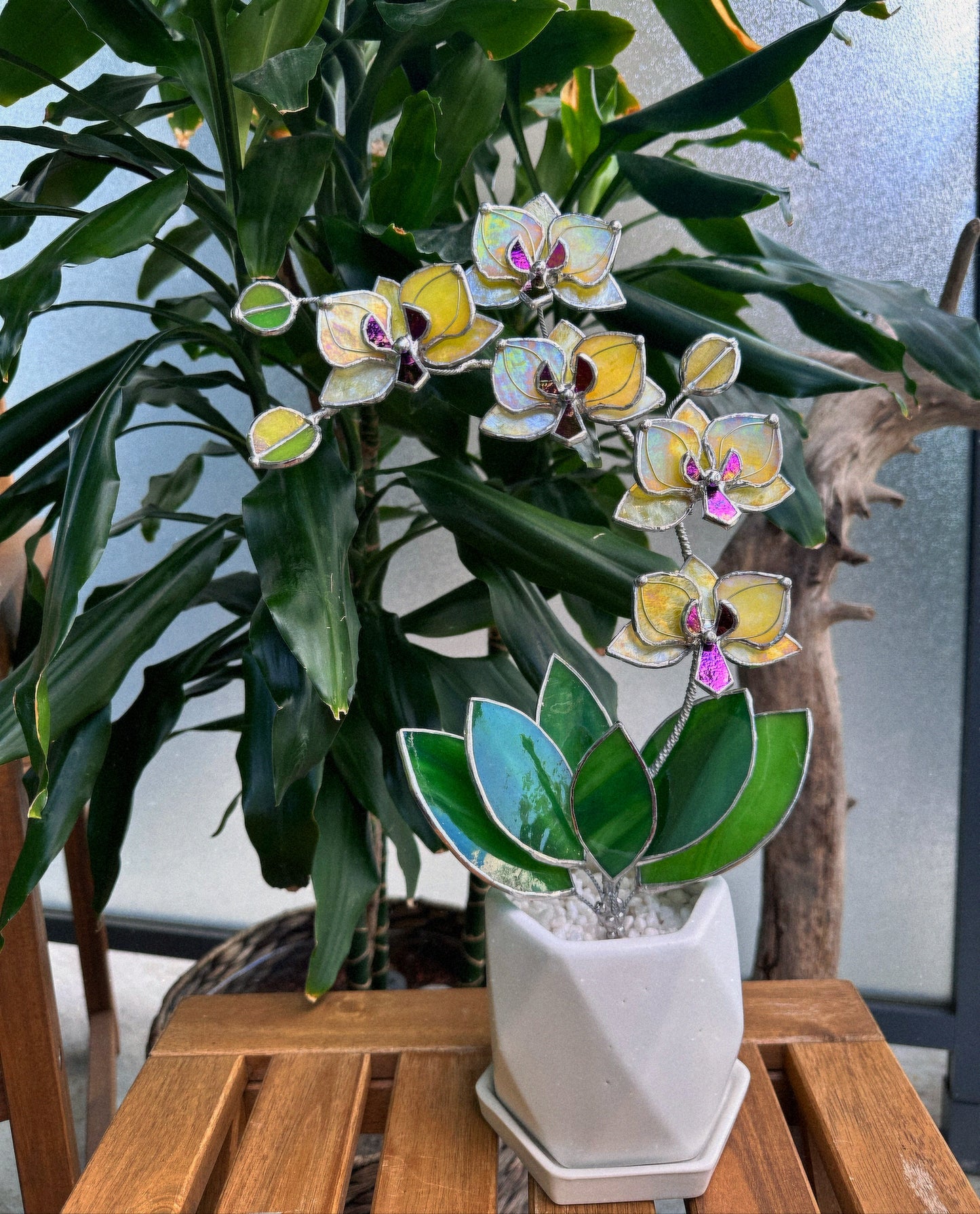 " . Lemon Yellow iridescent Orchid 5 flowers with pot" Stained glass tropical flower 3D, Sun catcher, Table plant, Garden stick, wedding decor, Christmas gift