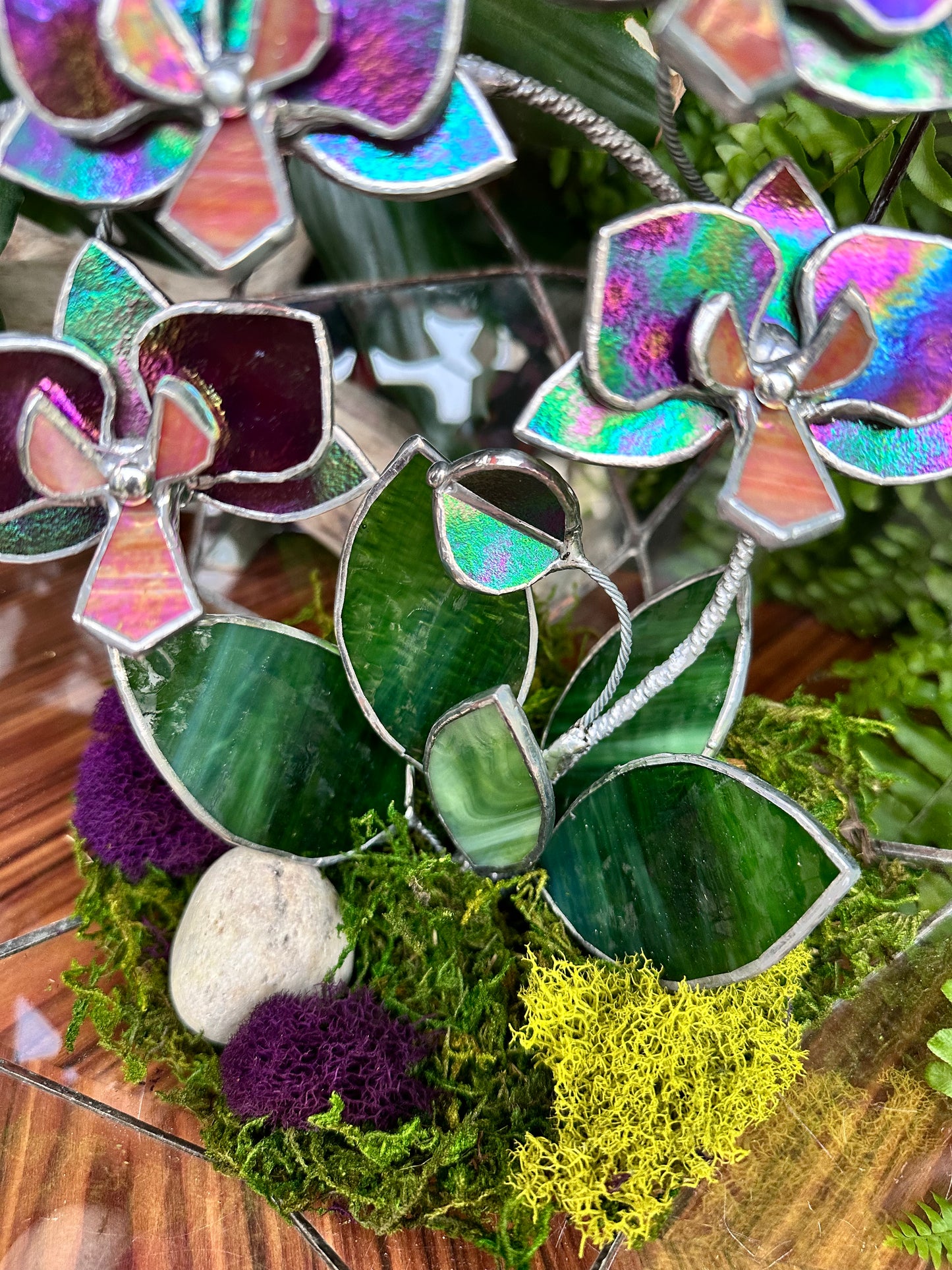 " . Geometric glass 3D terrarium Sphere with stained glass iridescent orchid. Wedding glass decor, Mother’s Day gift, glass art, suncatcher, succulents, cacti