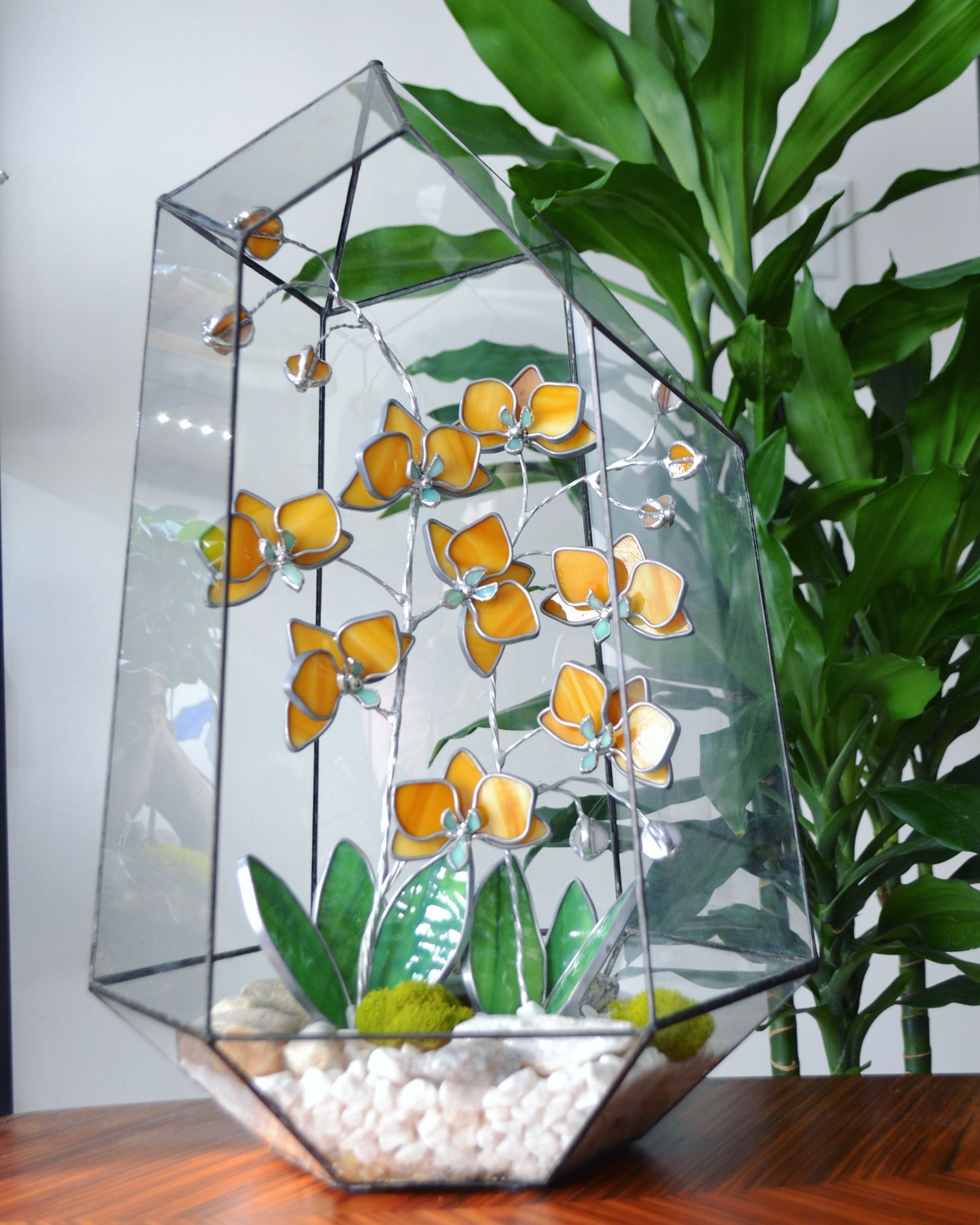 " .Geometric glass 3D terrarium Asymmetrical with stained glass orchids. Wedding glass decor, Mother’s Day gift, glass art, suncatcher, succulents, cacti