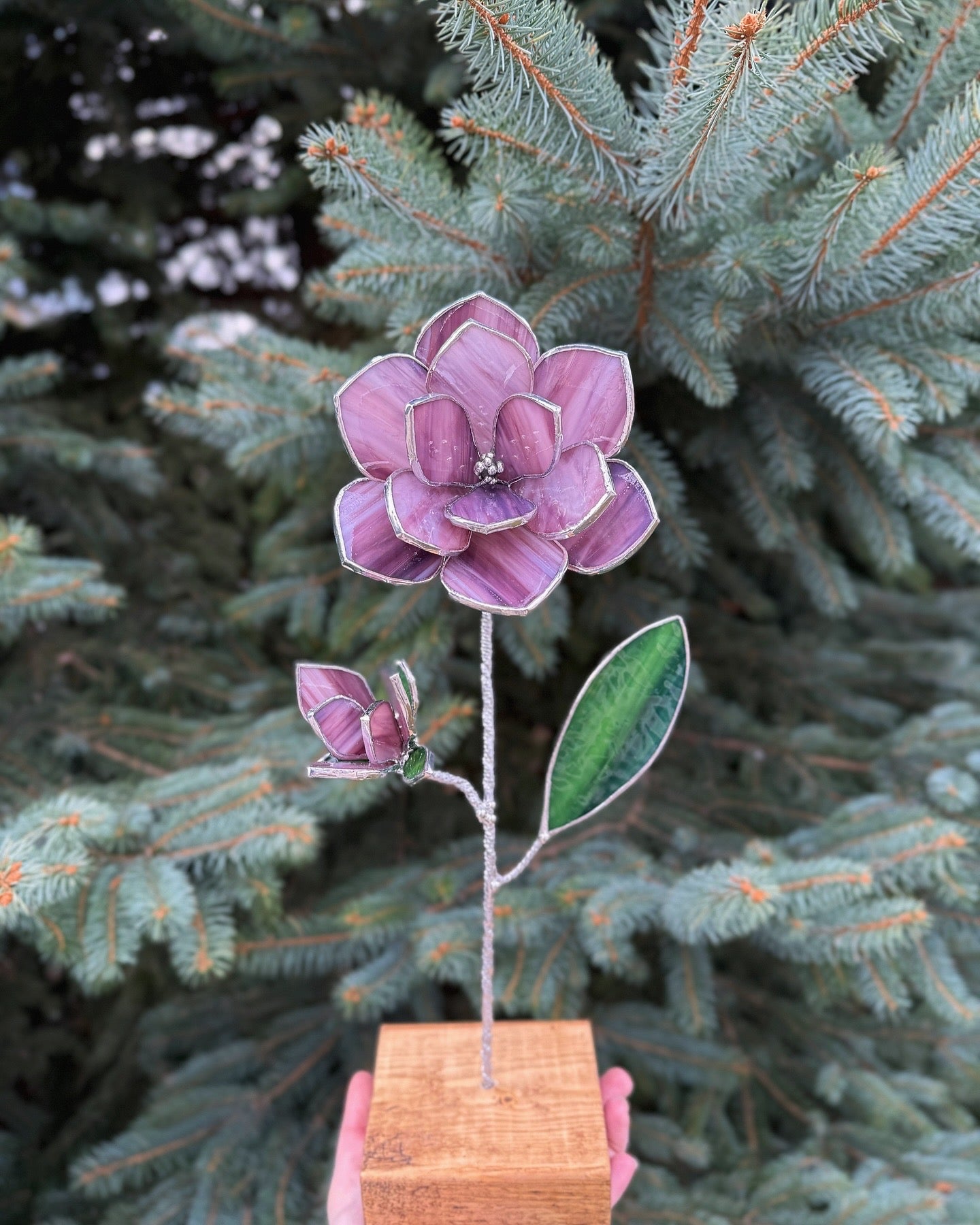". Magnolia Pink-Purple flower with a bud" Stained glass tropical 3D, Sun catcher, Table plant decor, Garden stake, wedding decor, Christmas gift, pot