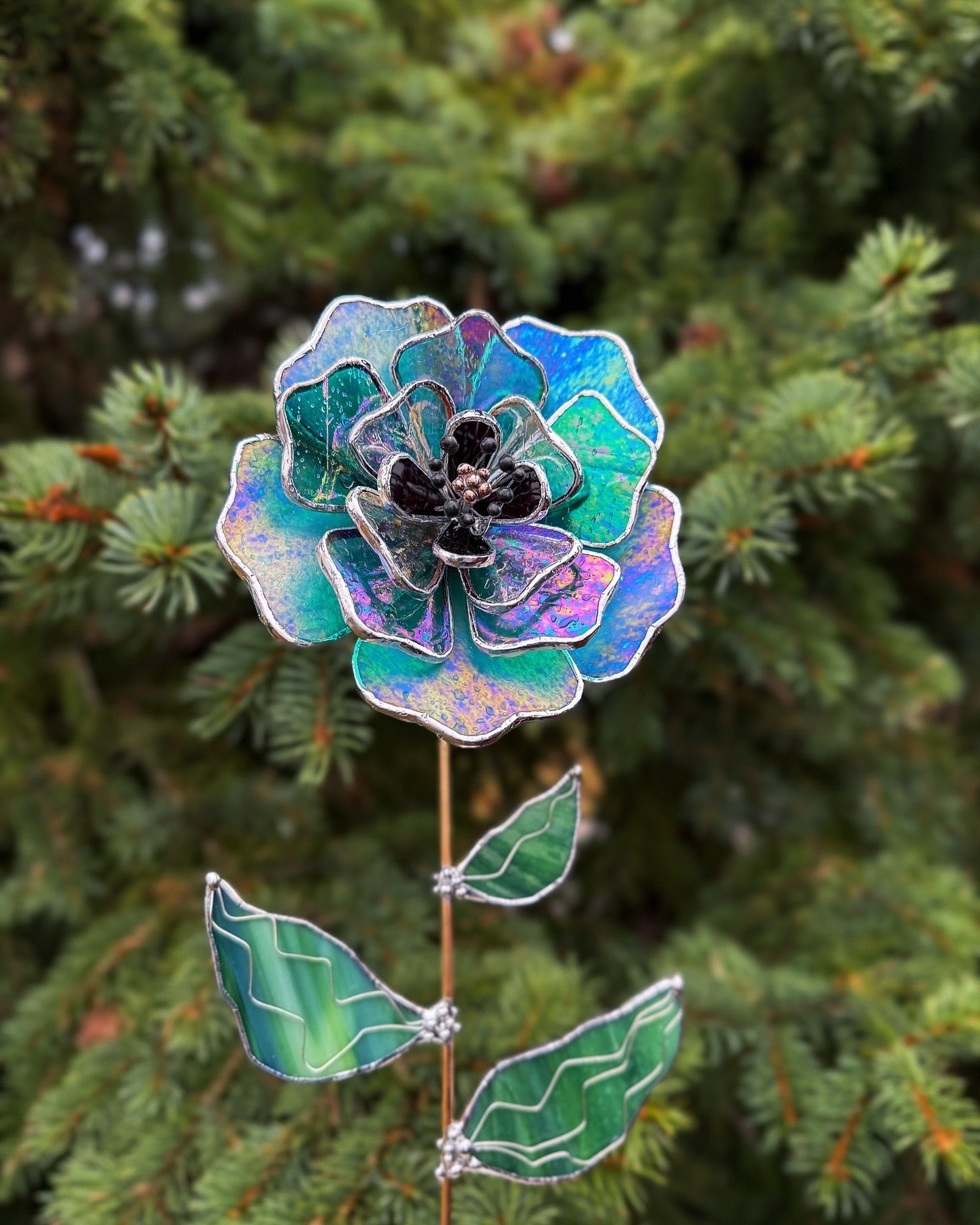 " . Peony Turquoise Iridescent" Stained glass tropical flower 3D, Sun catcher, Table plant, Garden stake, wedding decor, Christmas gift