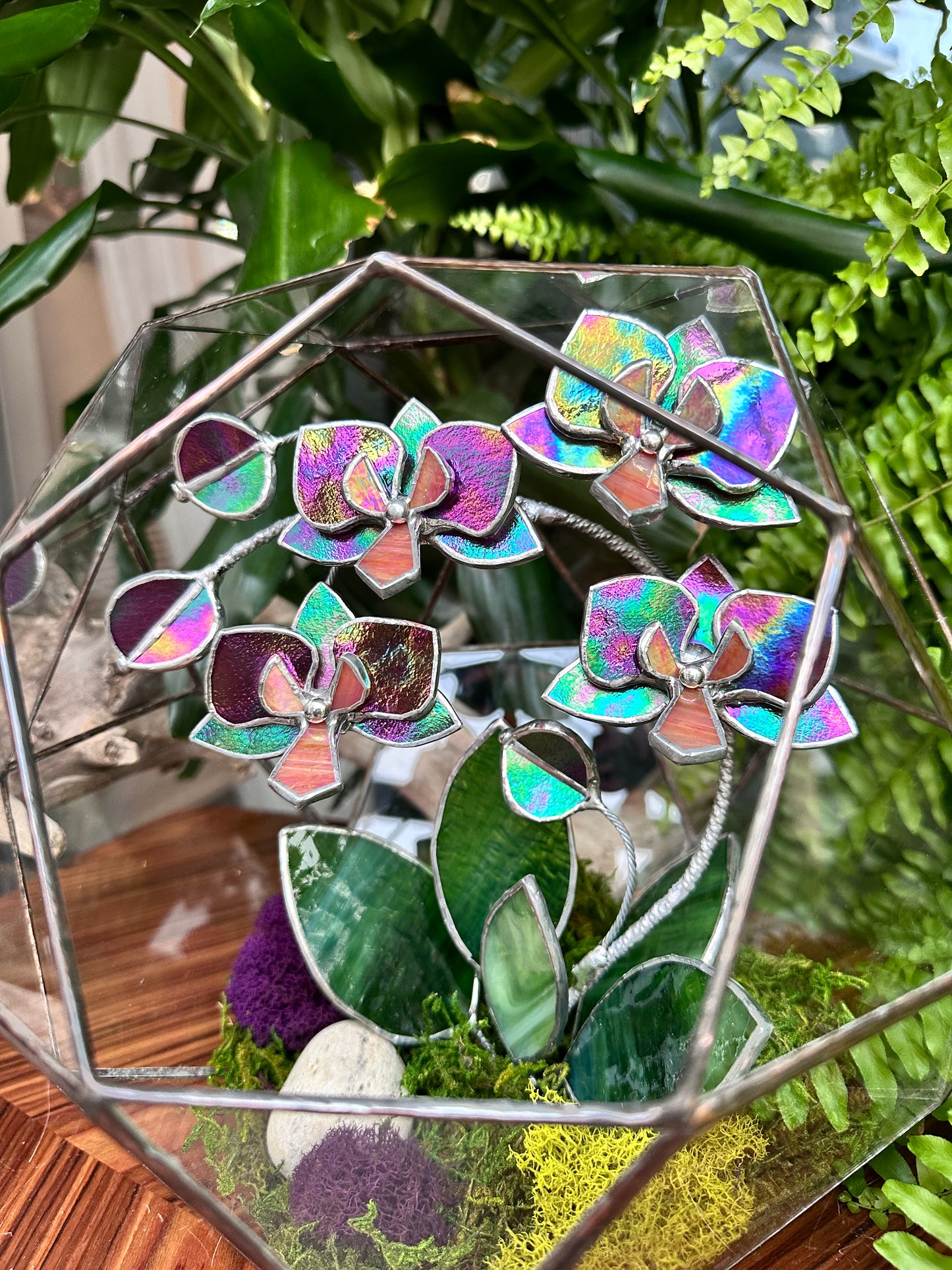 " . Geometric glass 3D terrarium Sphere with stained glass iridescent orchid. Wedding glass decor, Mother’s Day gift, glass art, suncatcher, succulents, cacti