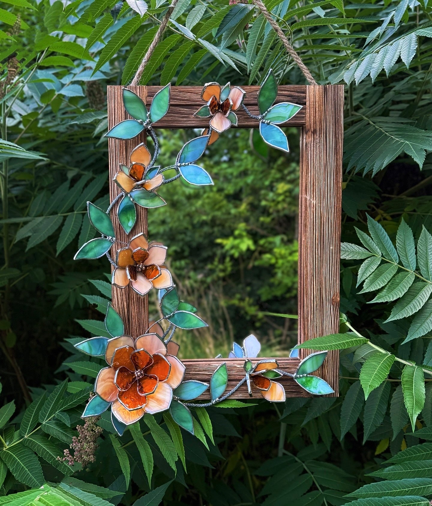 " . Amber Magnolia Flower Mirror, Stained glass Wedding Wall Decor, Christmas gift, Suncatcher