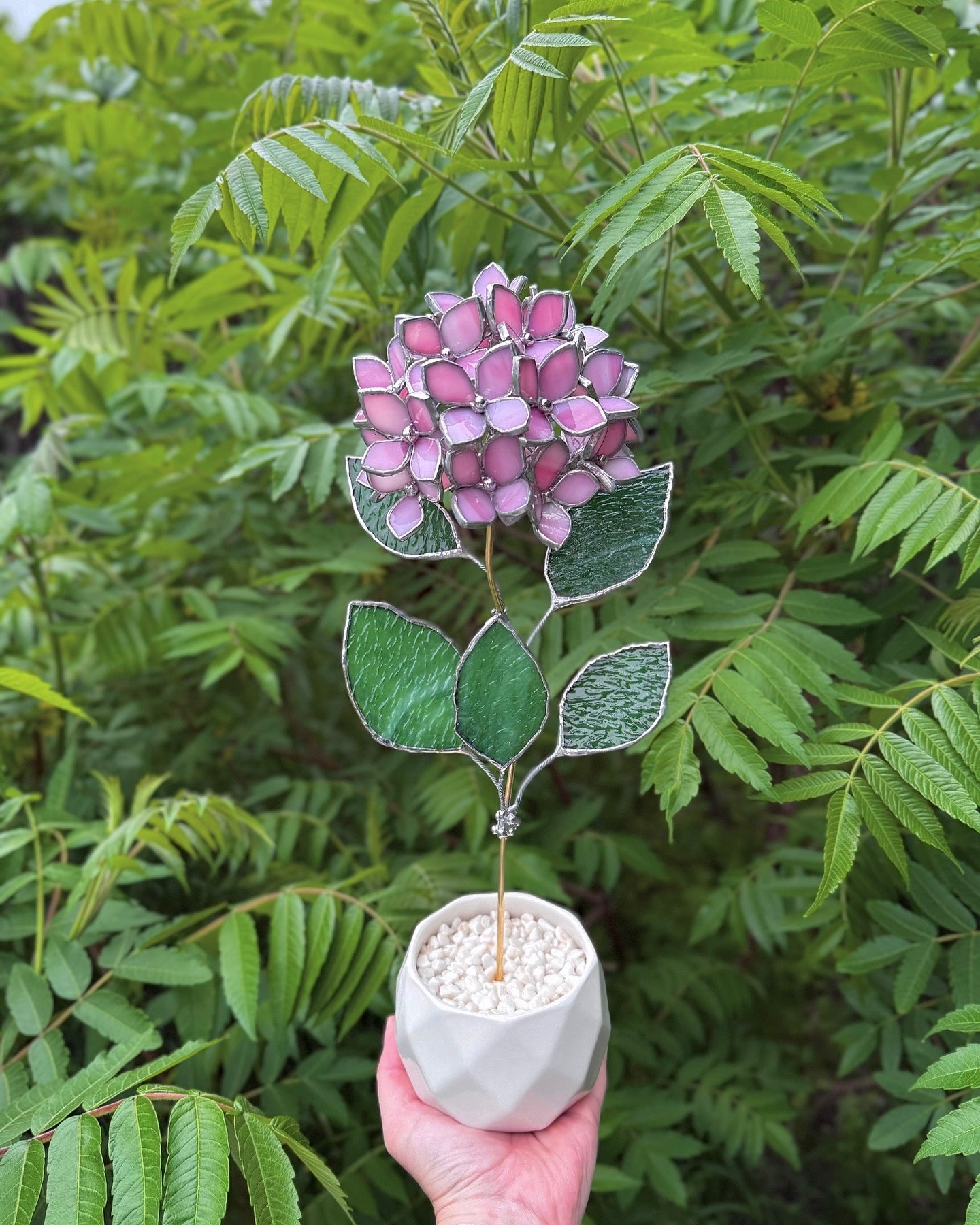 " .  CHOOSE COLOR Hydrangea with pot”, Stained glass tropical flower 3D, Sun catcher, Table plant, Garden stick, Outdoor and gardening decor