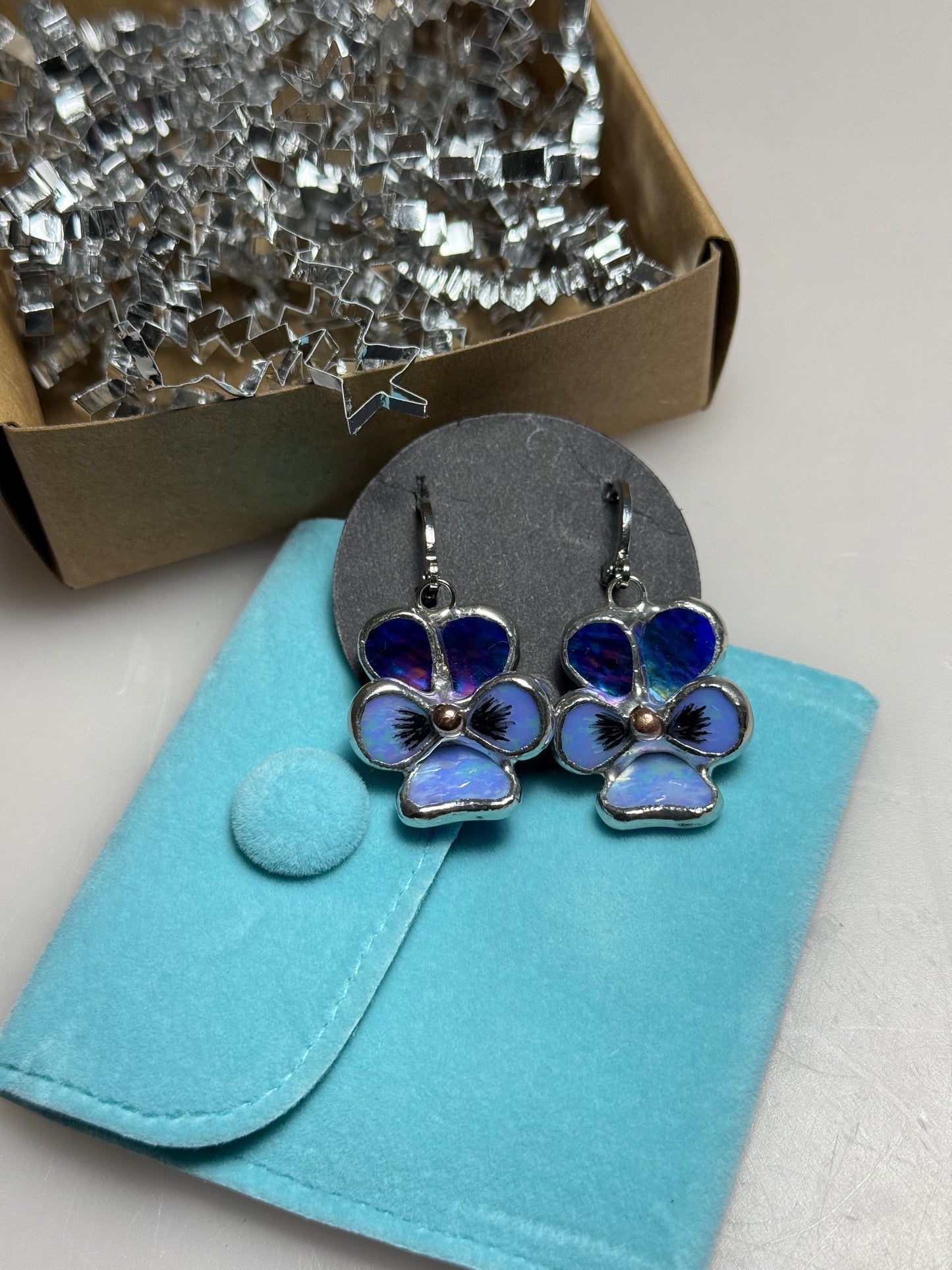 " . Earrings Pansy flower Indigo iridescent” Stained glass modern floral art jewelry