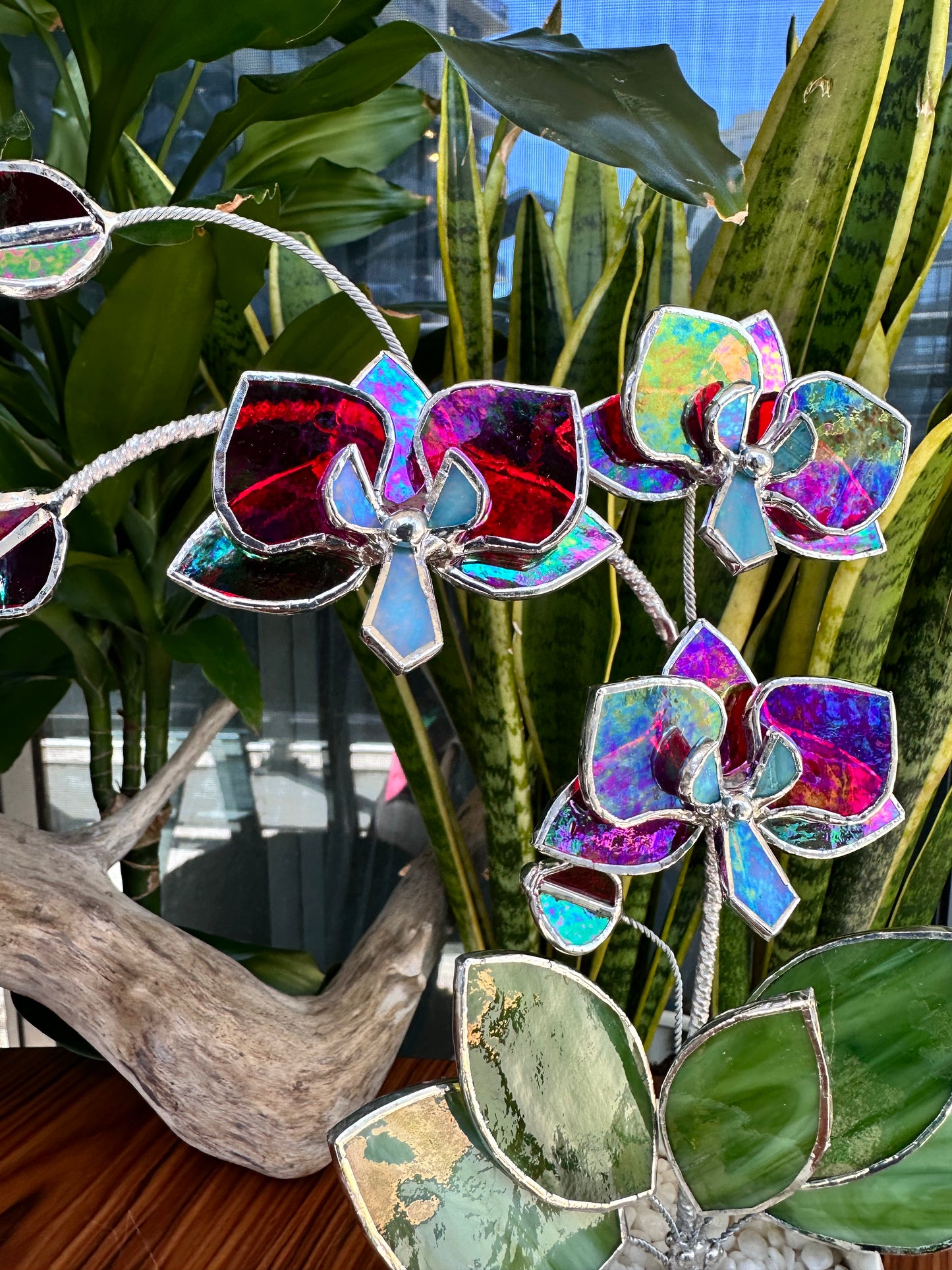 " . Red transparent iridescent Orchid 3 flowers with pot” Stained glass tropical flower 3D, Sun catcher, Table plant, Garden stick, Outdoor and gardening decor,