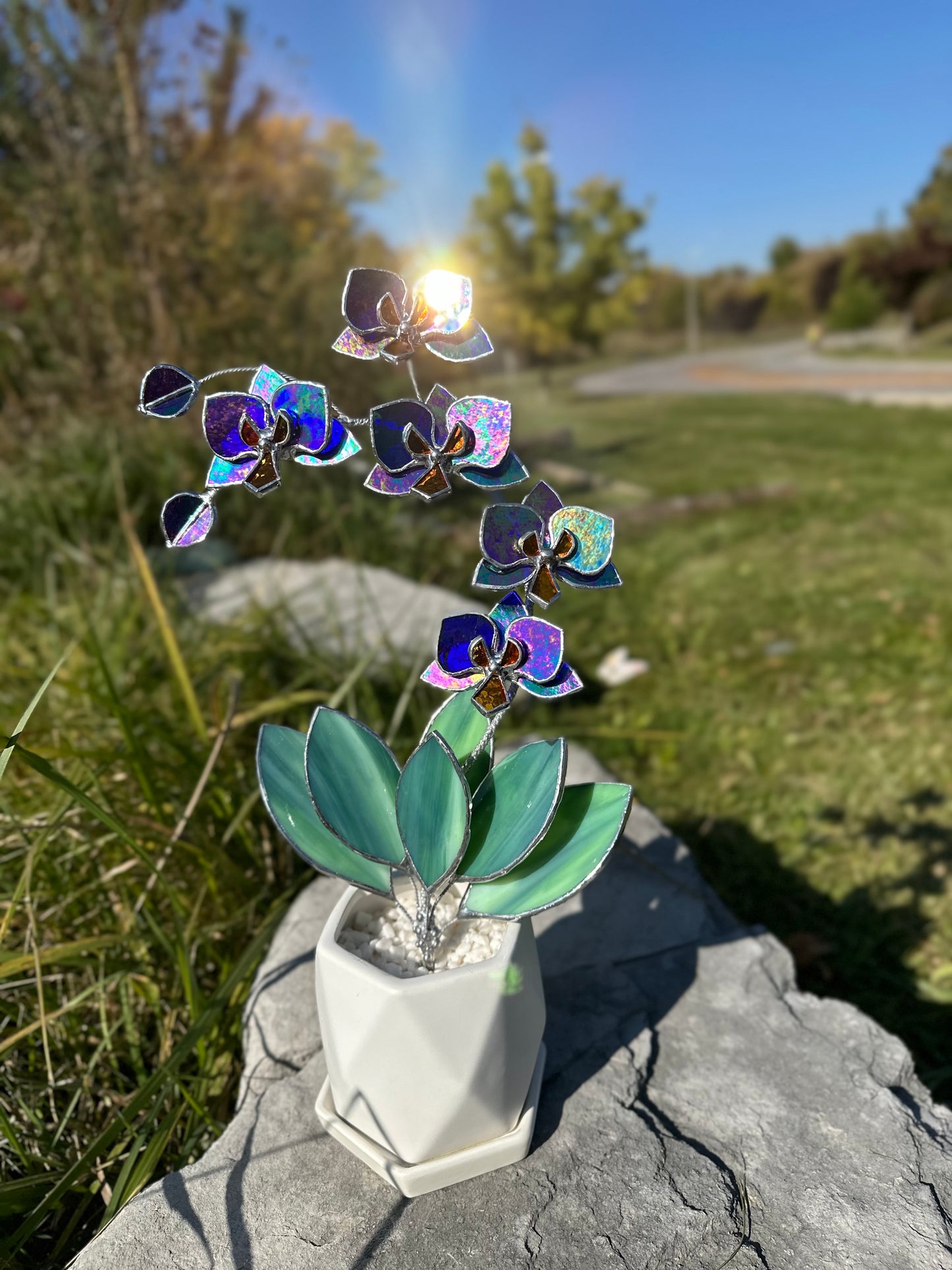 " . Amethyst Indigo iridescent Orchid 5 flowers with pot" Stained glass tropical flower 3D, Sun catcher, Table plant, Garden stick, wedding decor, Christmas gift