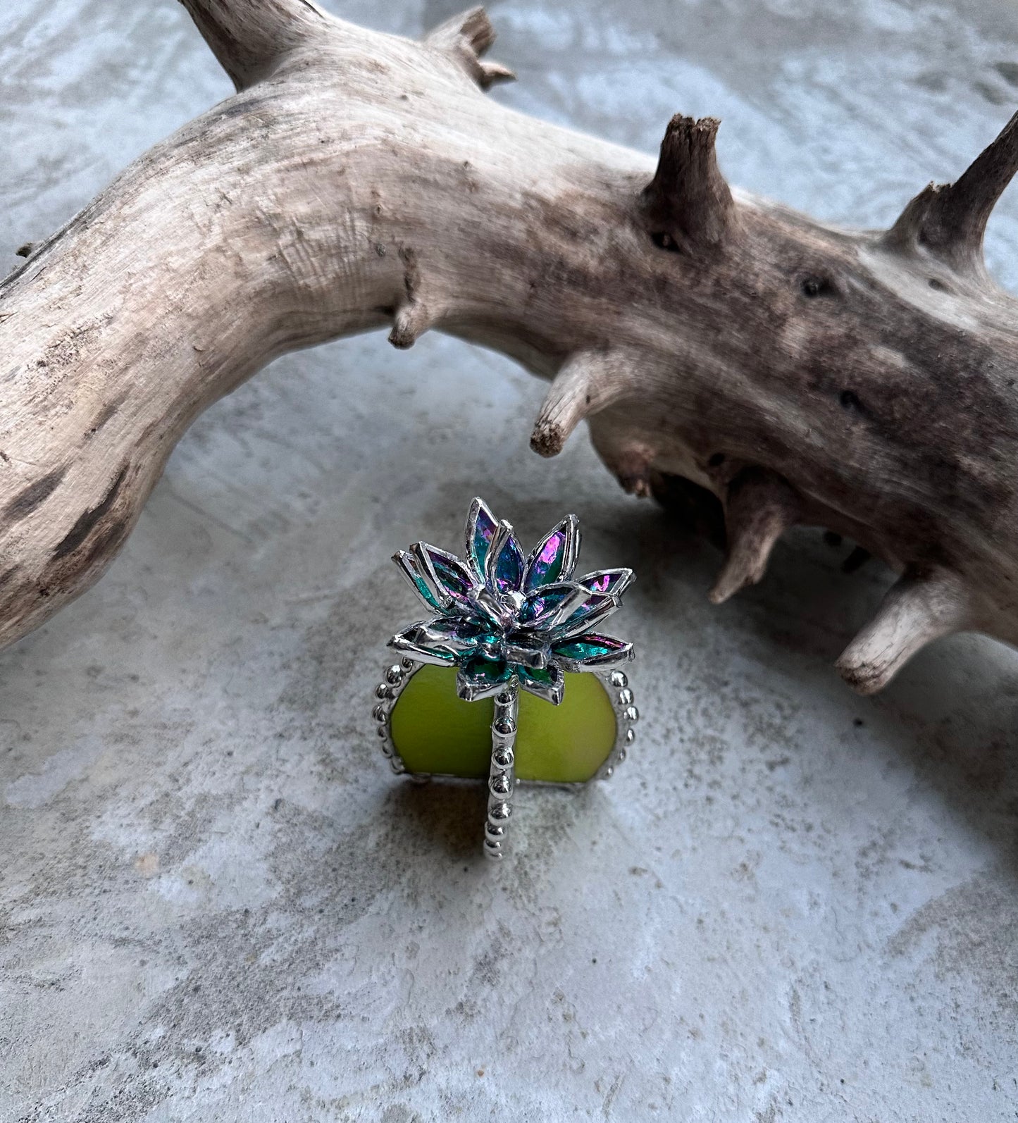 "Cactus turquoise Iridescent M", Stained glass Succulent 3D design, Mother’s Day gift, house plant for flower pot, Sun catcher, glass art