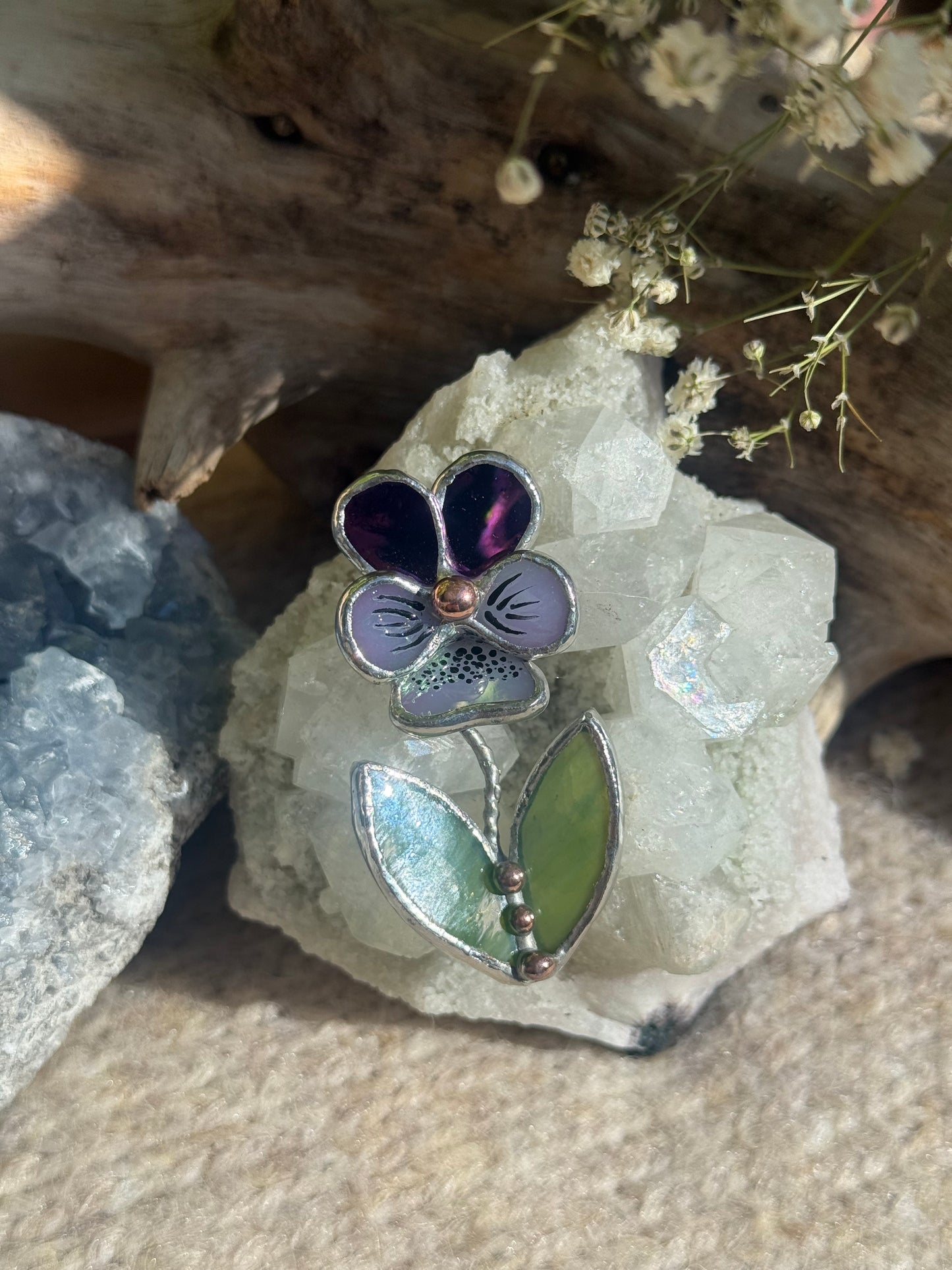 Brooch Pansy Flower Purple luminous& Lavender irid Stained glass flower 3D art jewelry new