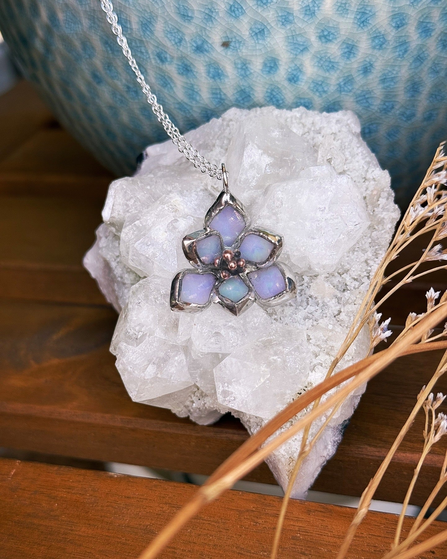 " . Magnolia flower White pearl iridescent Necklace” Stained glass tropical flower 3D, art jewelry
