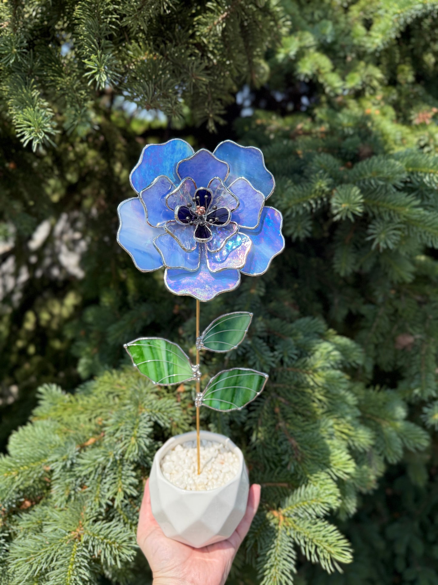 " . Blue lavender Peony Iridescent" Stained glass tropical flower 3D, Sun catcher, Table plant, Garden stake, wedding decor, Christmas gift, available new