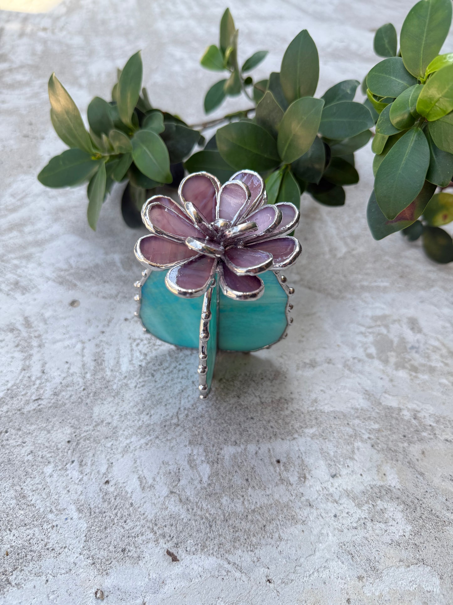 "Cactus XL Purple Turquoise Iridescent", Stained glass Succulent 3D, Cacti, house plant for flower pot, Sun catcher, glass art