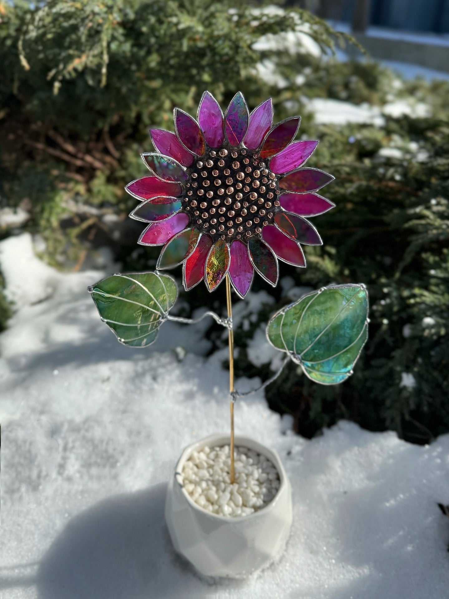 .Ruby Red Sunflower Artisan 3D Stained Glass Suncatcher, Table Decor