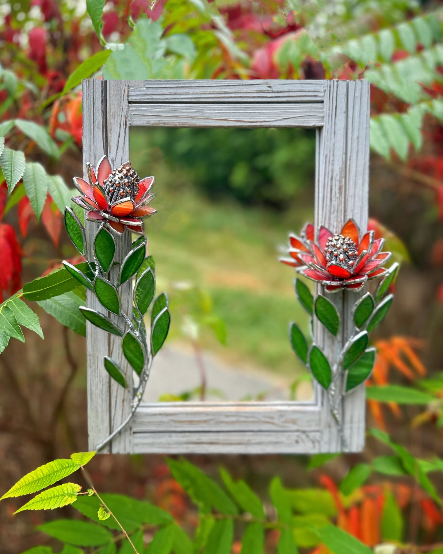 " . Red iridescent Protea Flower Mirror, Stained glass Wedding Wall Decor, Christmas gift, Suncatcher, available sale