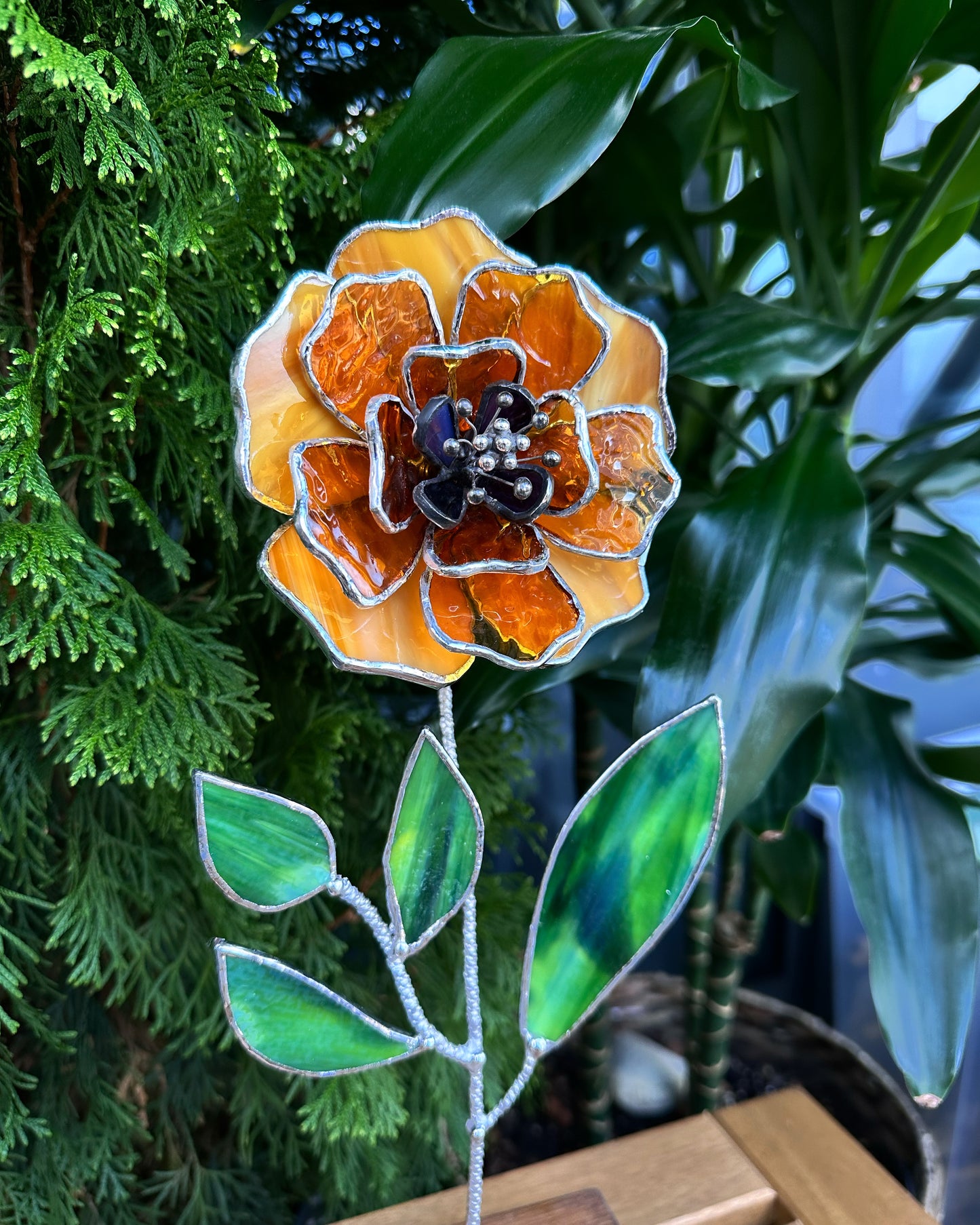 " . Amber Peony Stained glass flower, tropical 3D Sun catcher, Table plant decor, wedding gift