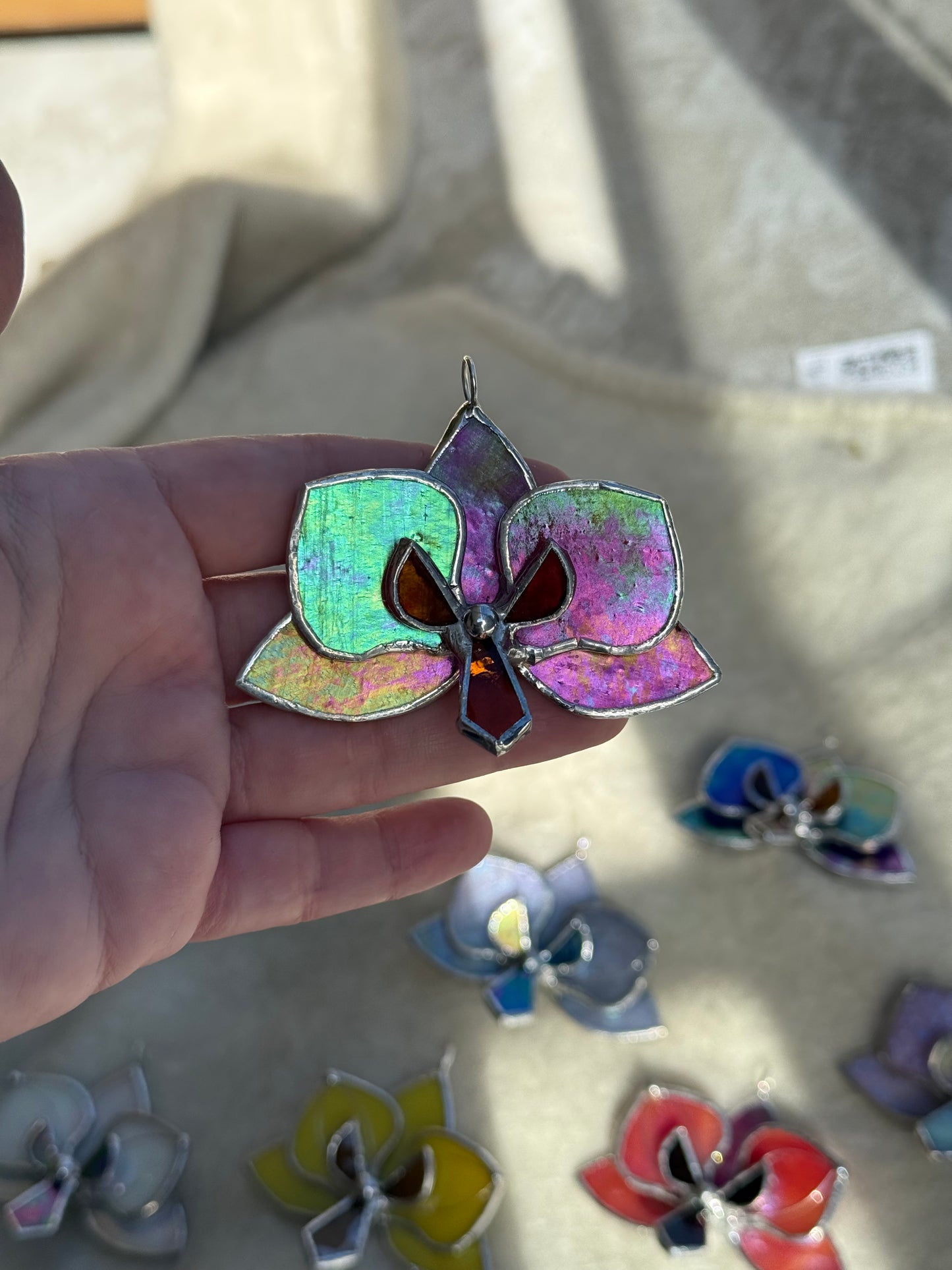 " . Orchid flower Red irid, Stained glass Decorative ORNAMENT, Christmas decoration, Suncatcher