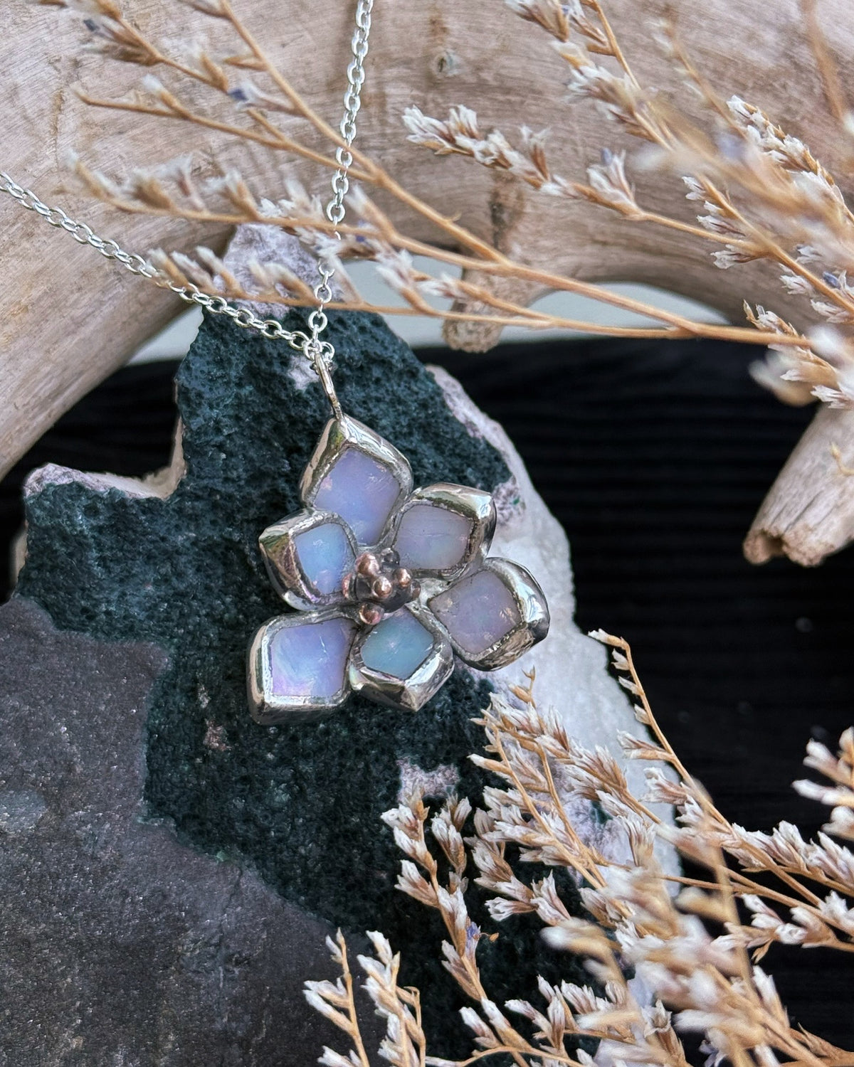 Magnolia Earrings White pearl iridescent Handcrafted Stained glass Botanical Art Jewelry