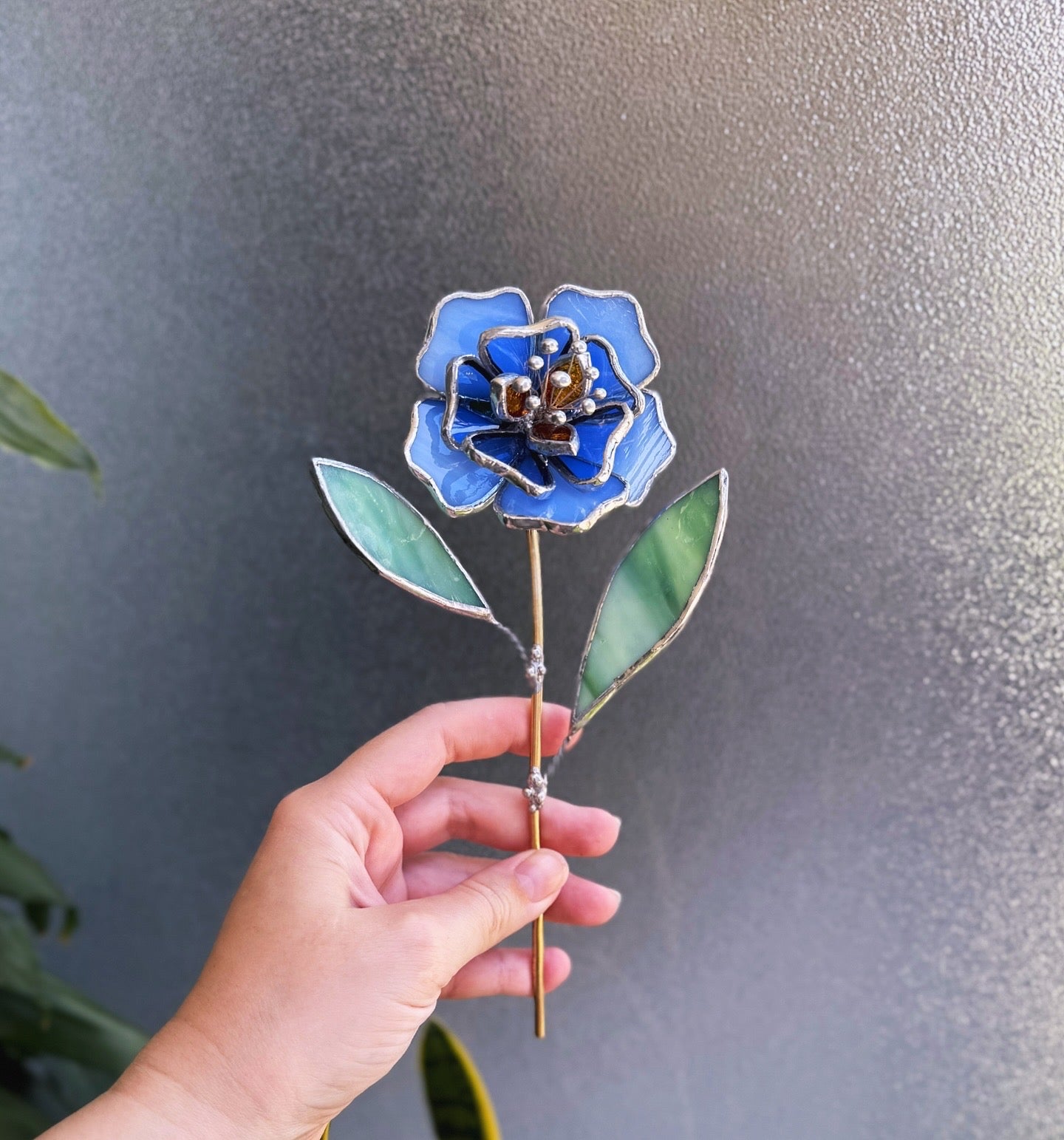 " . Blue Peony flower stick, Plant stake no pot” Stained glass tropical flower 3D, Sun catcher, Table plant, Garden stick, Outdoor and gardening decor