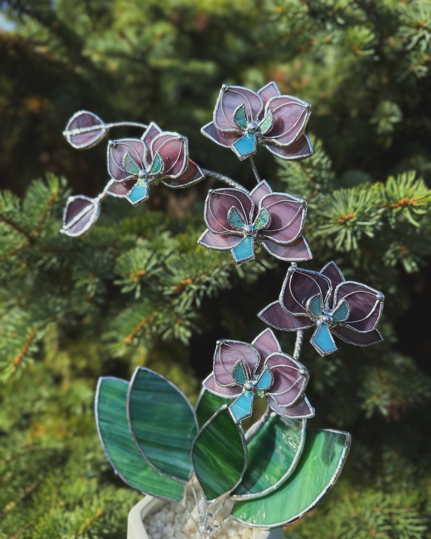 " . Dusty Rose translucent Orchid 5 flowers with pot" Stained glass tropical flower 3D, Sun catcher, Table plant, Garden stick, wedding decor, Christmas gift