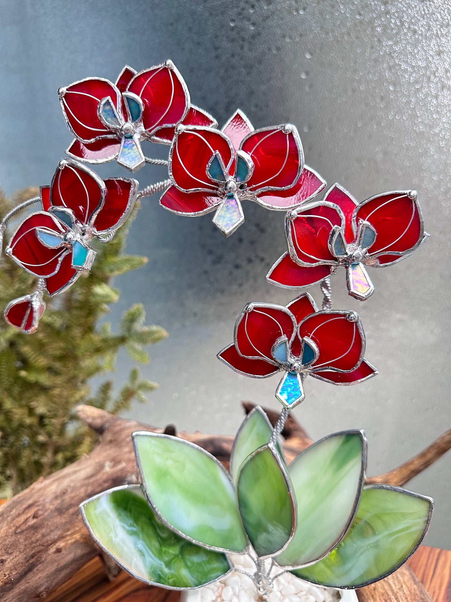 ". Stained glass Orchid Ruby Red with pot, 5 flowers, Suncatcher 3D, plant, Wedding Christmas Gift Outdoor and gardening decor