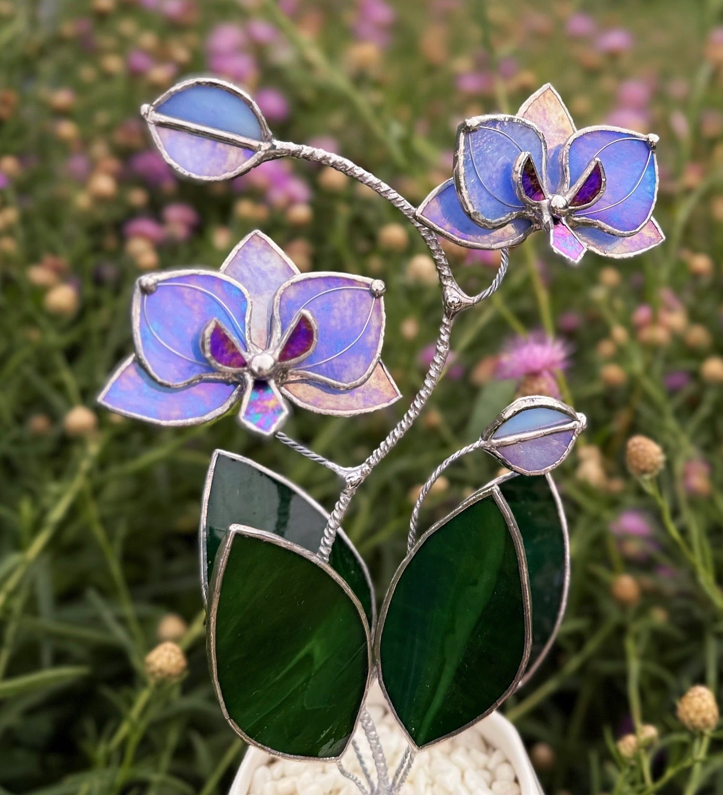 " . Blue Lavender Orchid, 2 flowers with pot” Stained glass tropical flower 3D, Suncatcher, Table plant decor