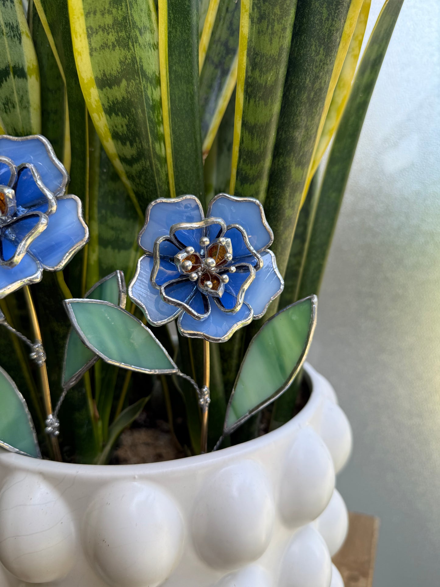 " . Blue Peony flower stick, Plant stake no pot” Stained glass tropical flower 3D, Sun catcher, Table plant, Garden stick, Outdoor and gardening decor