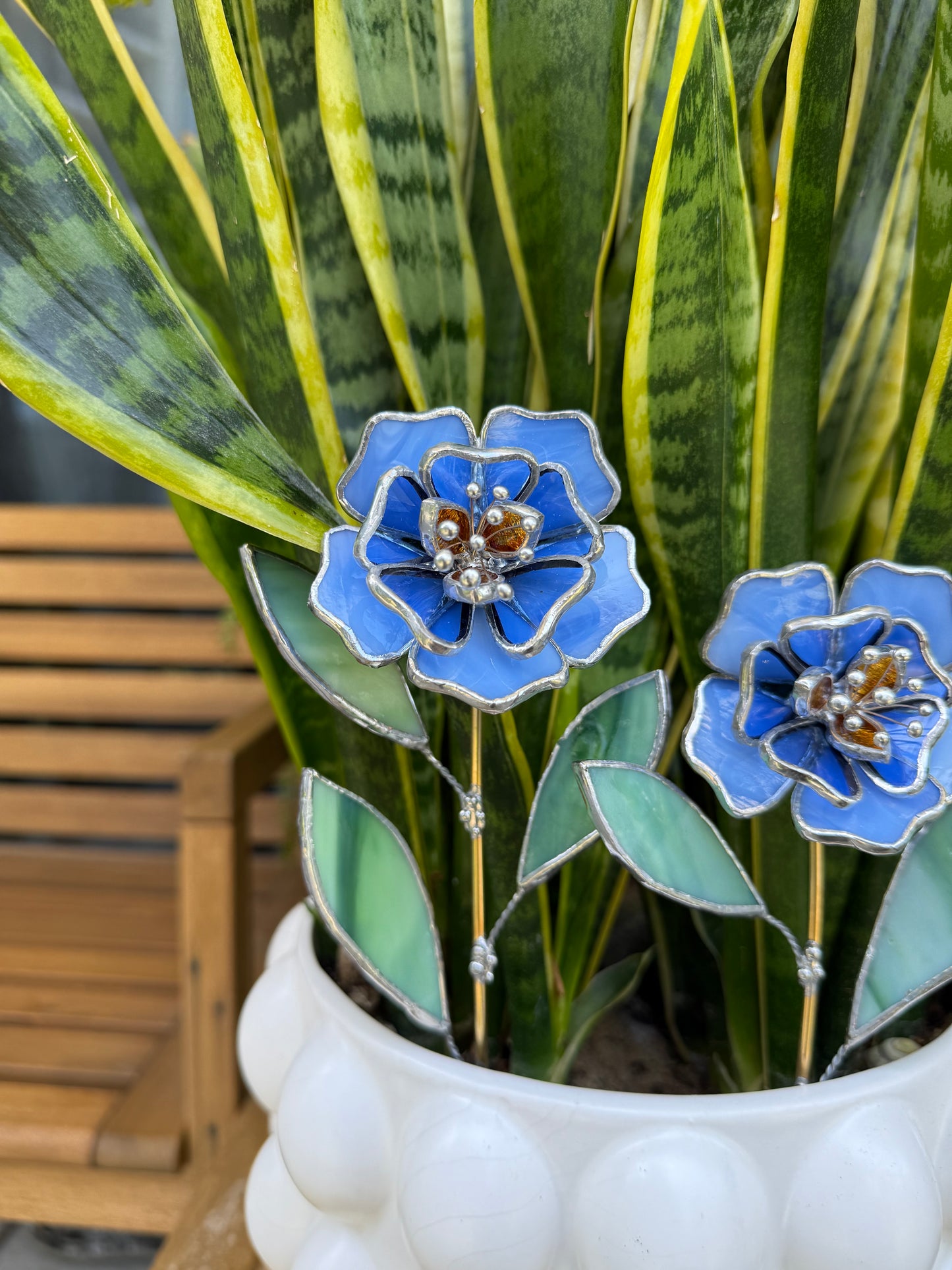 " . Blue Peony flower stick, Plant stake no pot” Stained glass tropical flower 3D, Sun catcher, Table plant, Garden stick, Outdoor and gardening decor