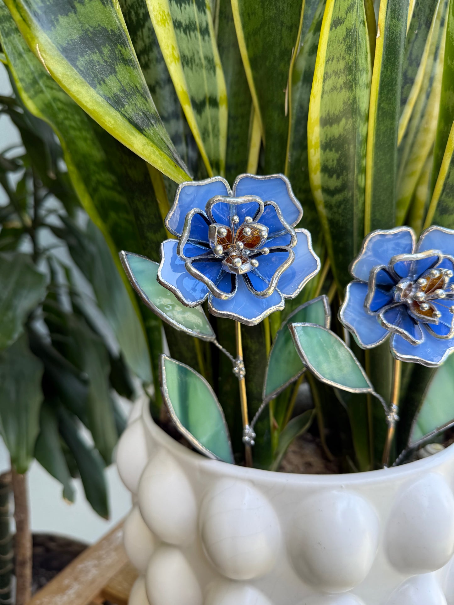 " . Blue Peony flower stick, Plant stake no pot” Stained glass tropical flower 3D, Sun catcher, Table plant, Garden stick, Outdoor and gardening decor
