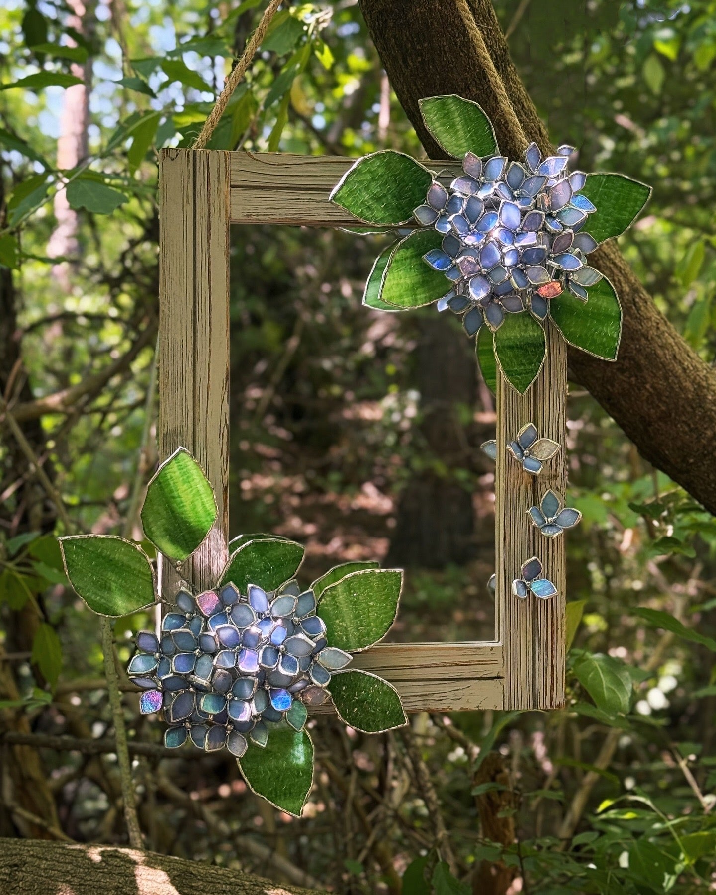 " . Amethyst Blue lavender iridescent Hydrangea Flower Mirror, Stained glass Wedding Wall Decor, Christmas gift, Suncatcher