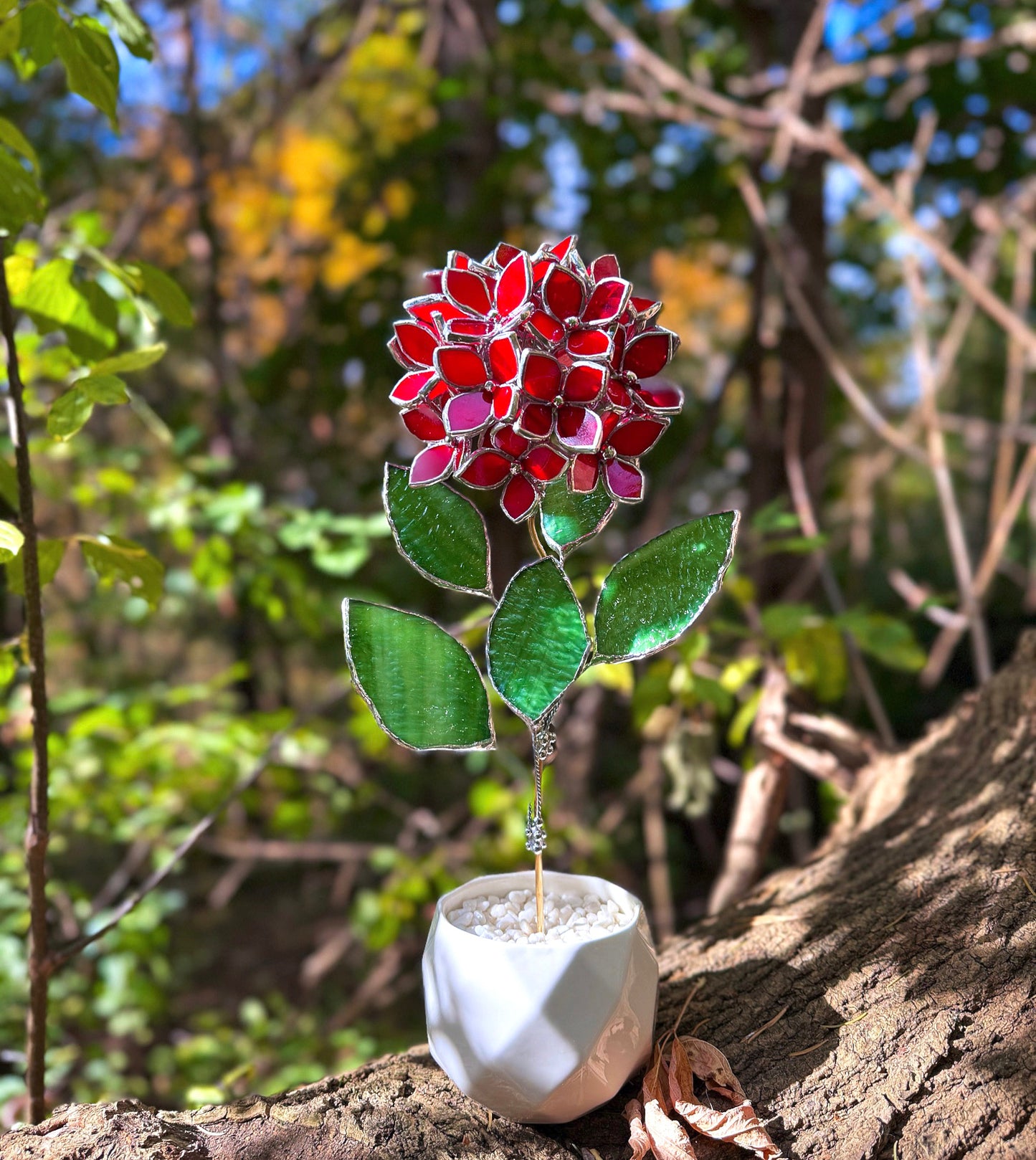 " . CHOOSE COLOR Hydrangea with pot”, Stained glass tropical flower 3D, Sun catcher, Table plant, Garden stick, Outdoor and gardening decor