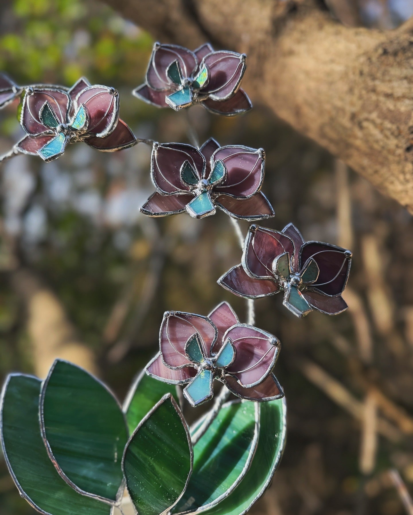 " . Dusty Rose translucent Orchid 5 flowers with pot" Stained glass tropical flower 3D, Sun catcher, Table plant, Garden stick, wedding decor, Christmas gift