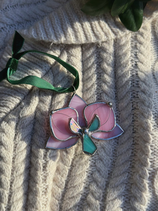 " . Orchid flower Pink with veins, Stained glass Decorative ORNAMENT, Christmas decoration, Suncatcher