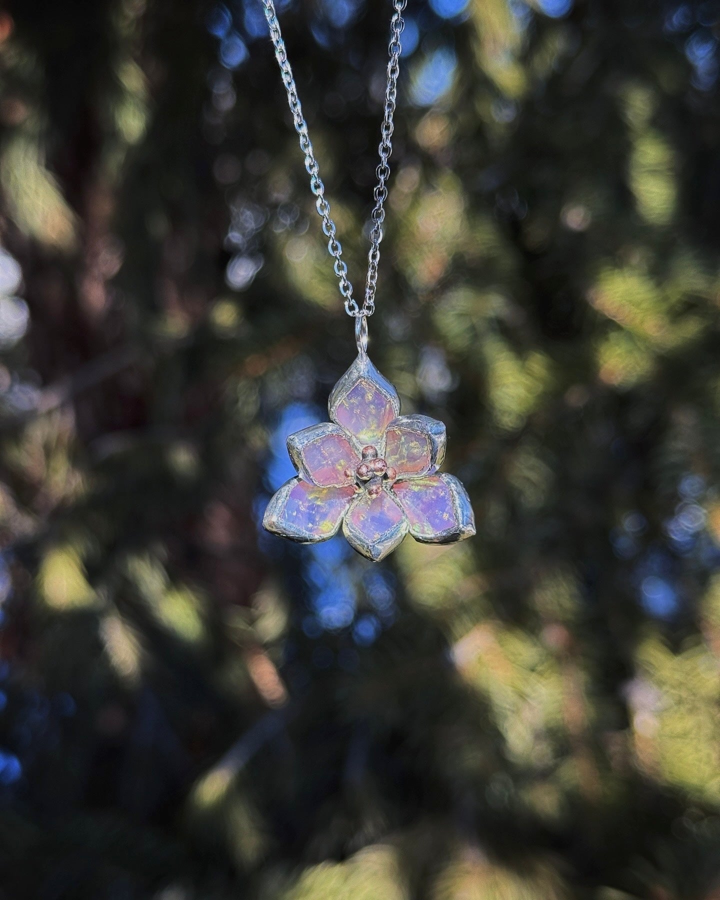 " . Magnolia flower White pearl iridescent Necklace ” Stained glass tropical flower 3D, art jewelry