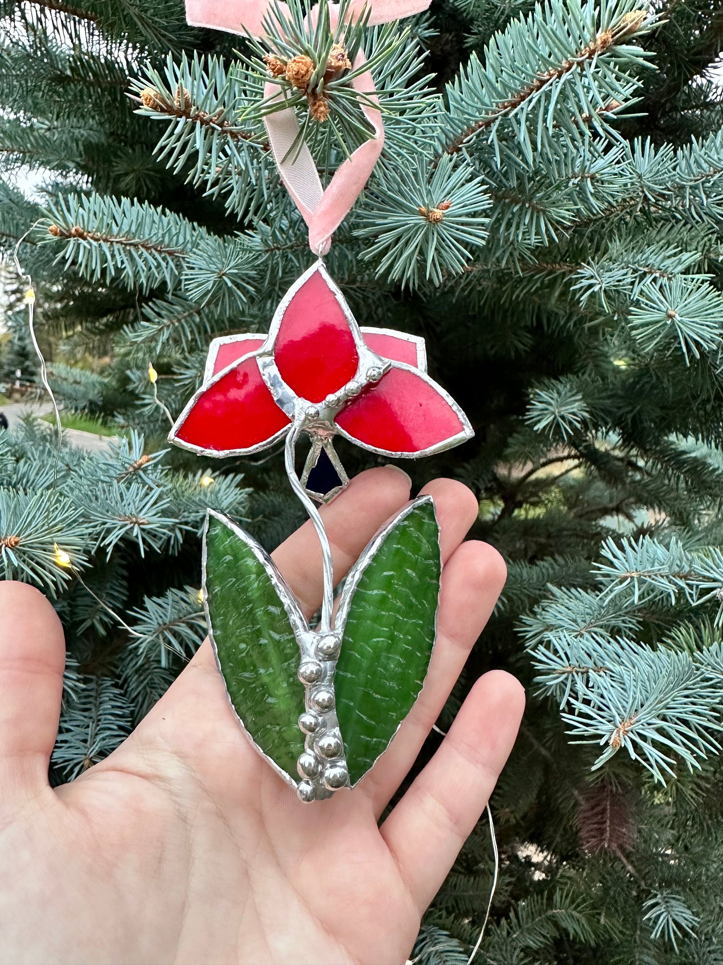 Christmas tree ornament Orchid Red with veins. Set of 1, 3, 5, 7, 10. Stained glass Wall window decor, holiday decorations, lights