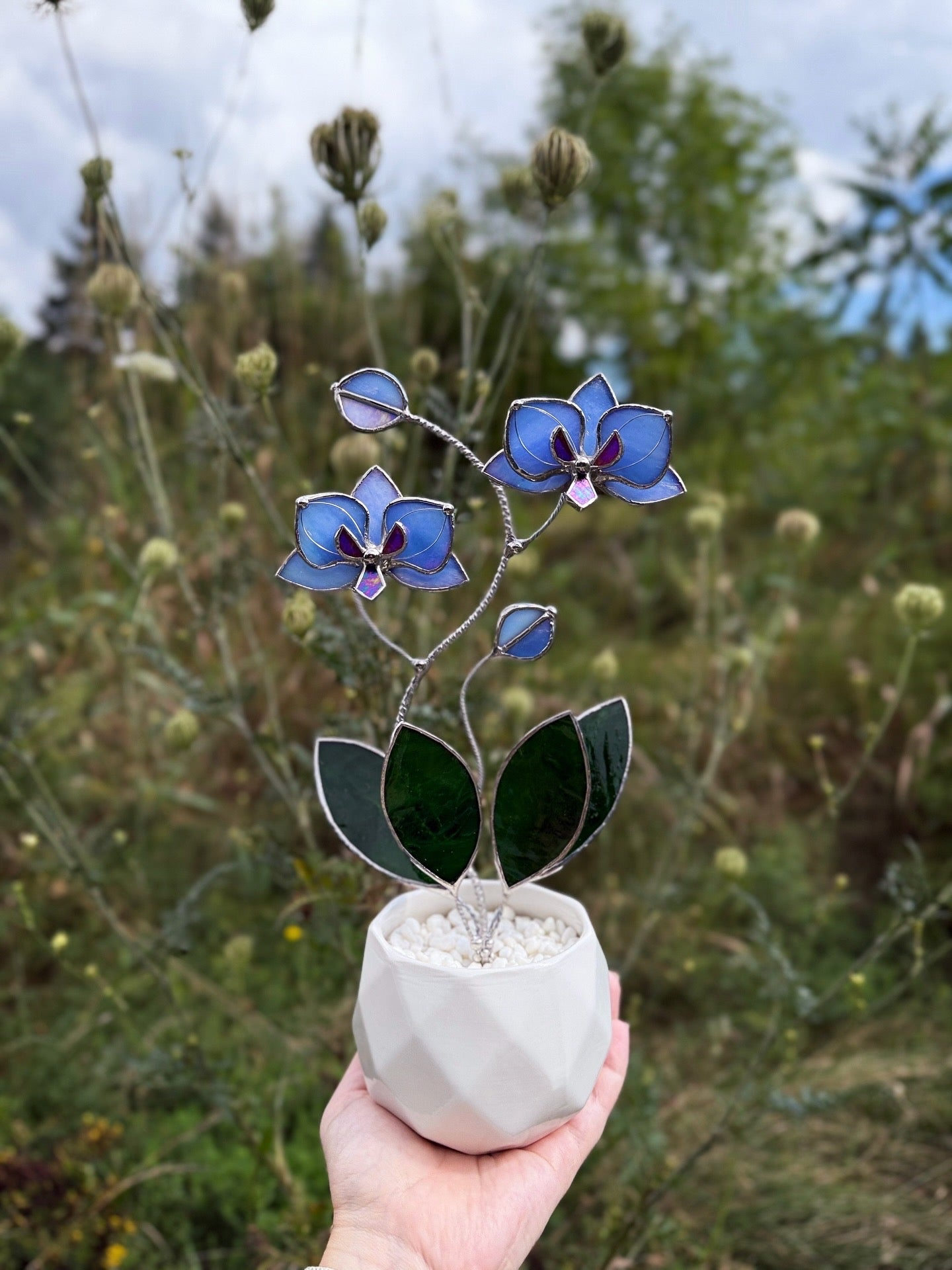 " . Blue Lavender Orchid, 2 flowers with pot” Stained glass tropical flower 3D, Suncatcher, Table plant decor
